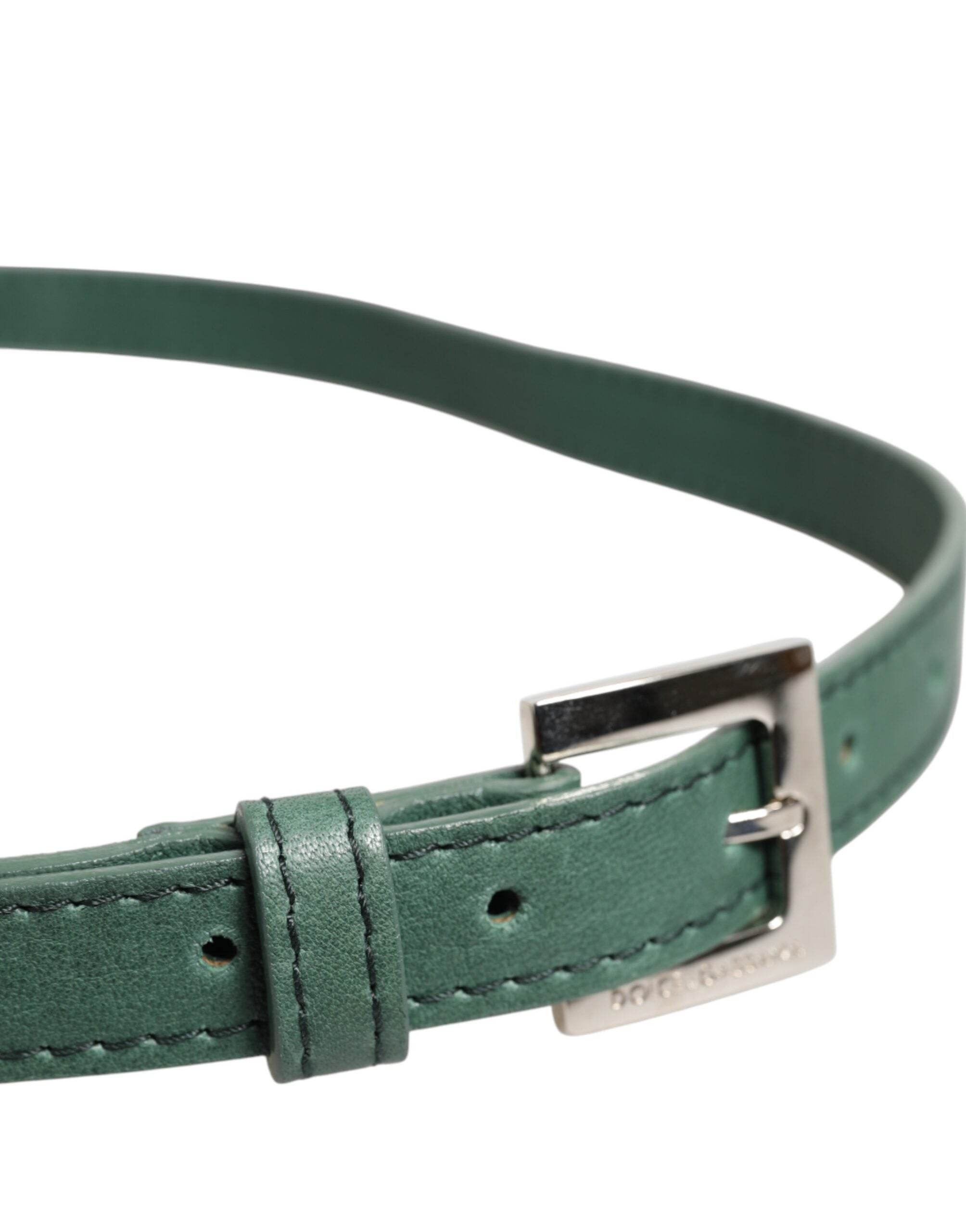 Dolce & Gabbana Dark Green Leather Silver Metal Buckle Belt - Hilstor