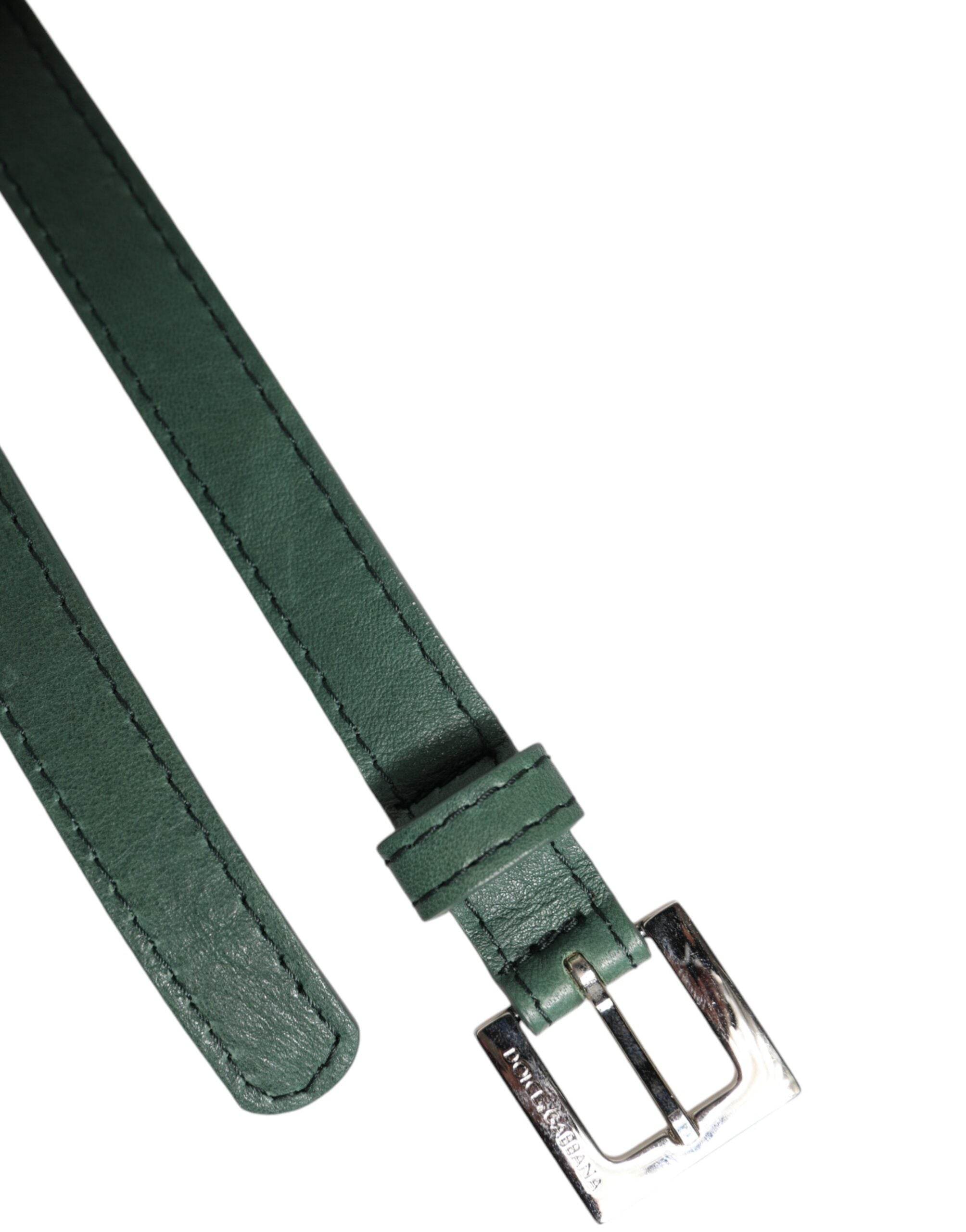 Dolce & Gabbana Dark Green Leather Silver Metal Buckle Belt - Hilstor