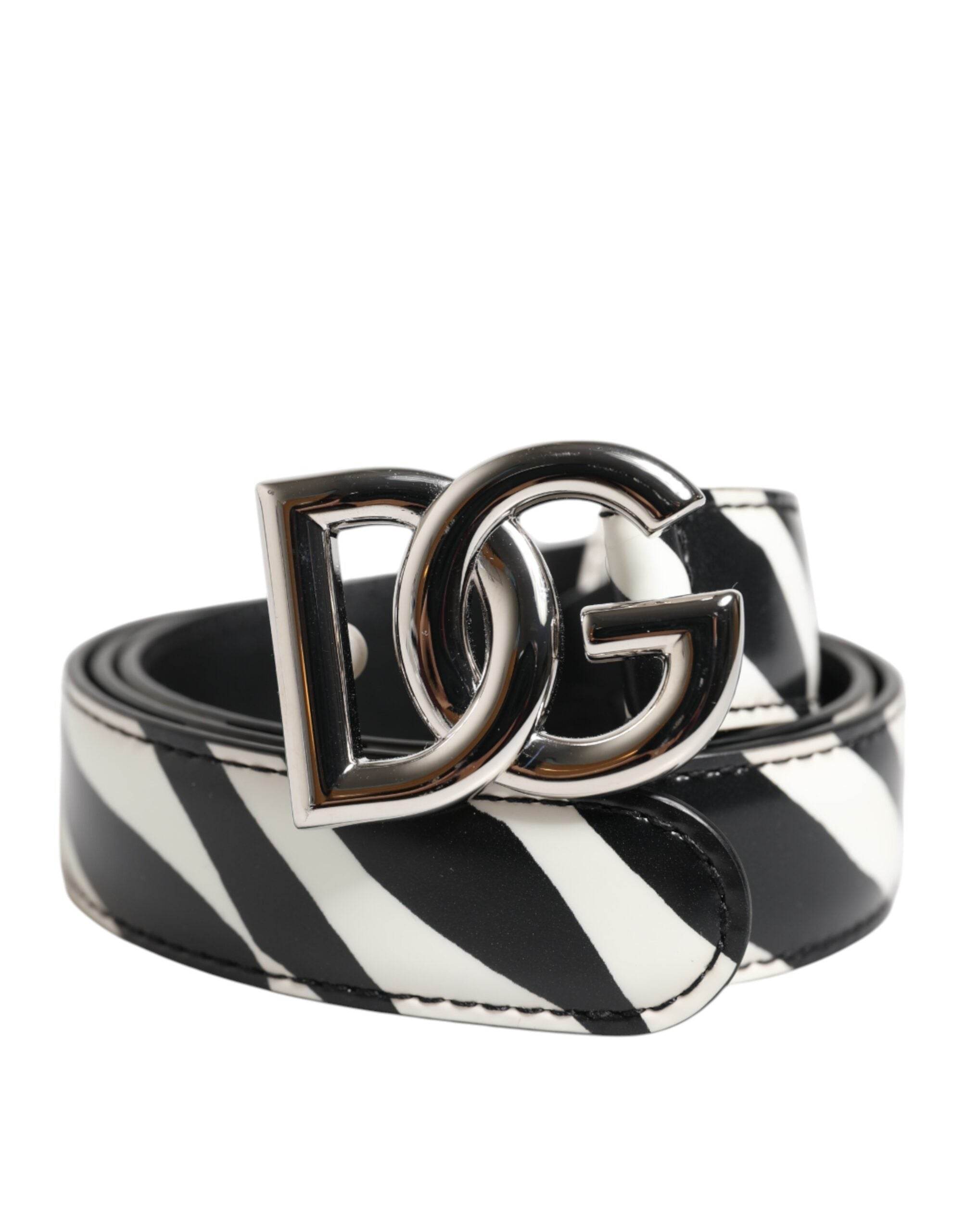 Dolce & Gabbana Black White Leather Silver Metal Buckle Belt - Hilstor