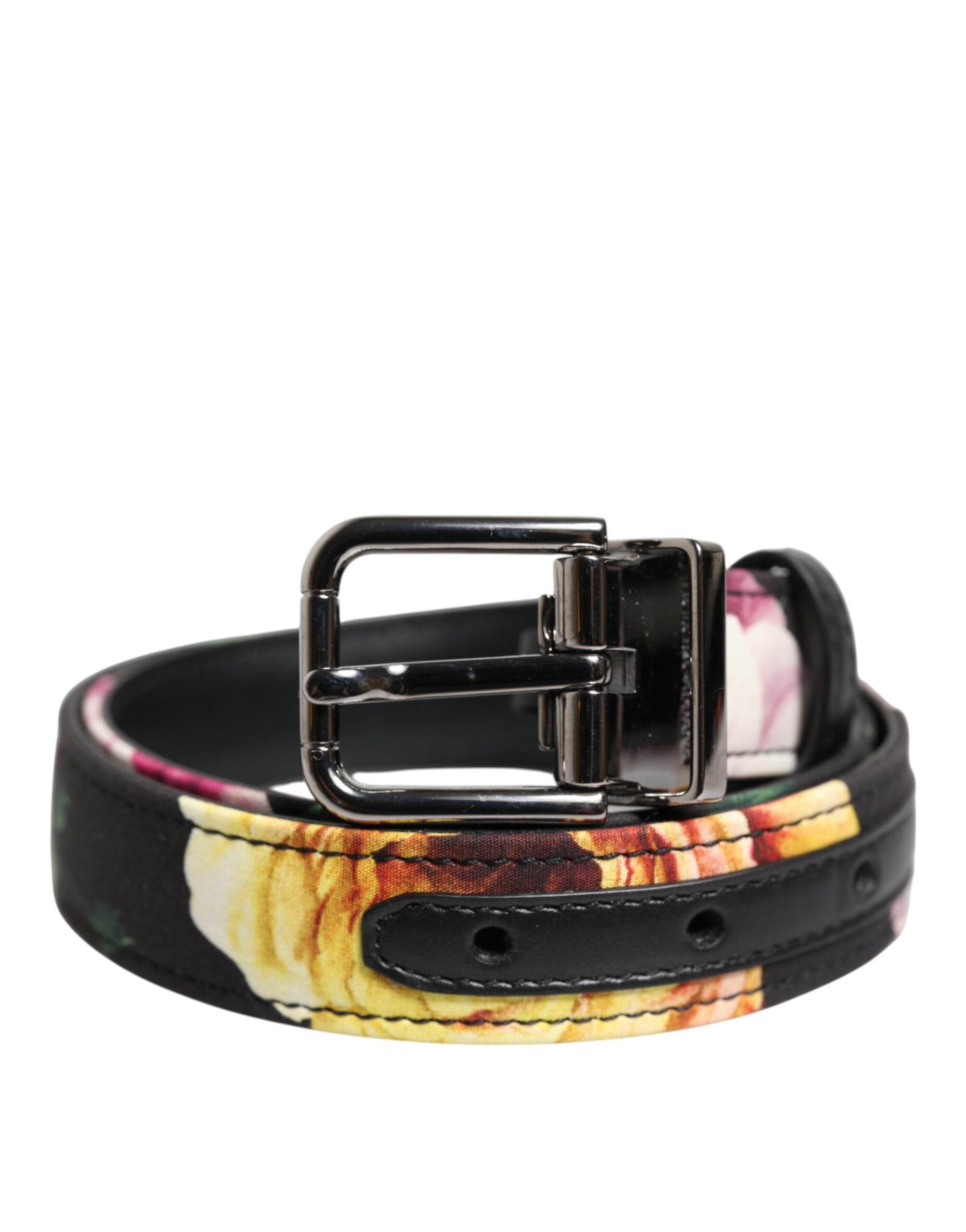 Dolce & Gabbana Black Floral Brocade Silver Metal Buckle Belt - Hilstor
