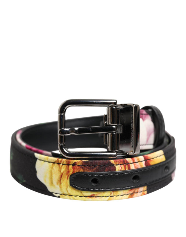 Dolce & Gabbana Black Floral Brocade Silver Metal Buckle Belt - Hilstor