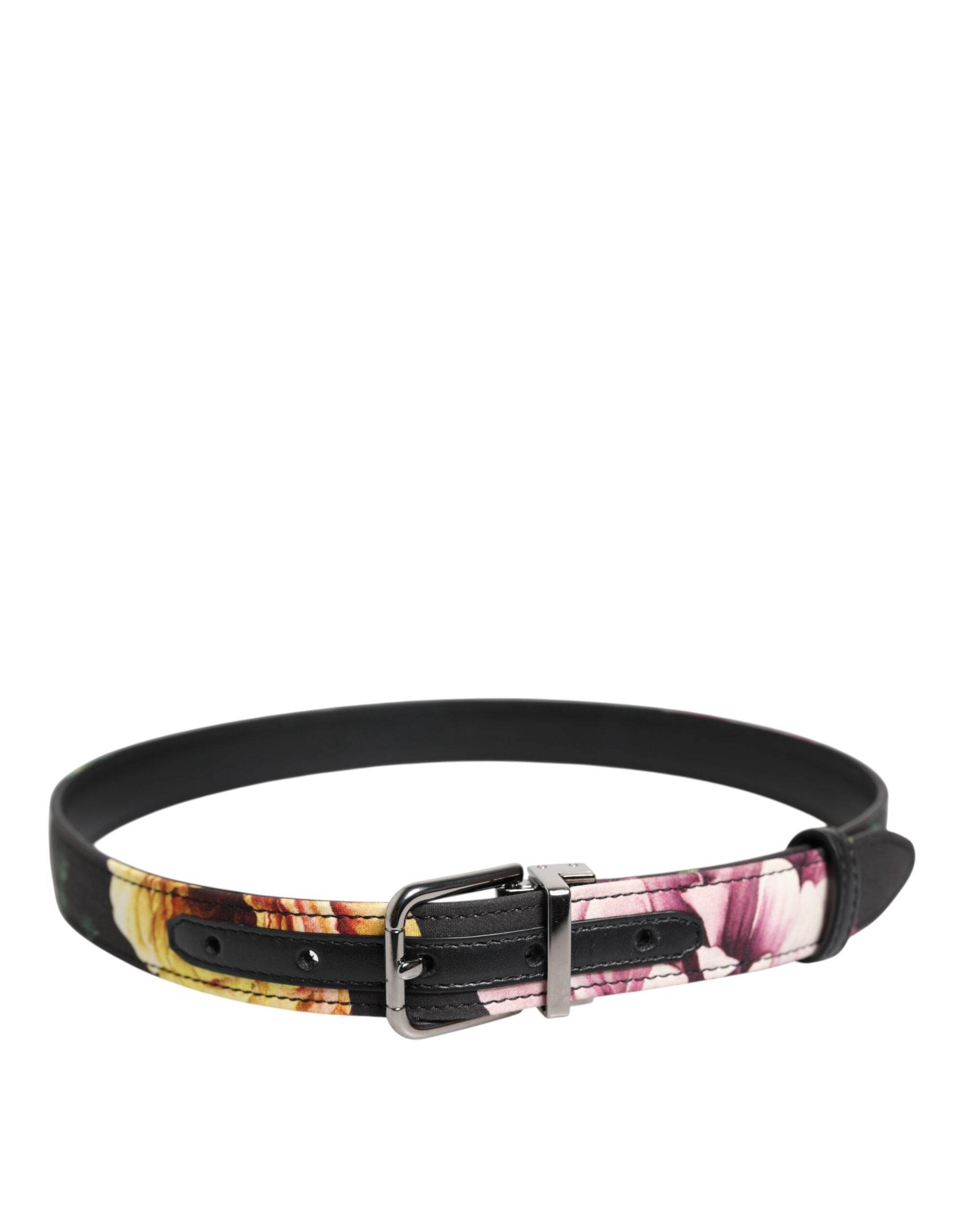 Dolce & Gabbana Black Floral Brocade Silver Metal Buckle Belt - Hilstor