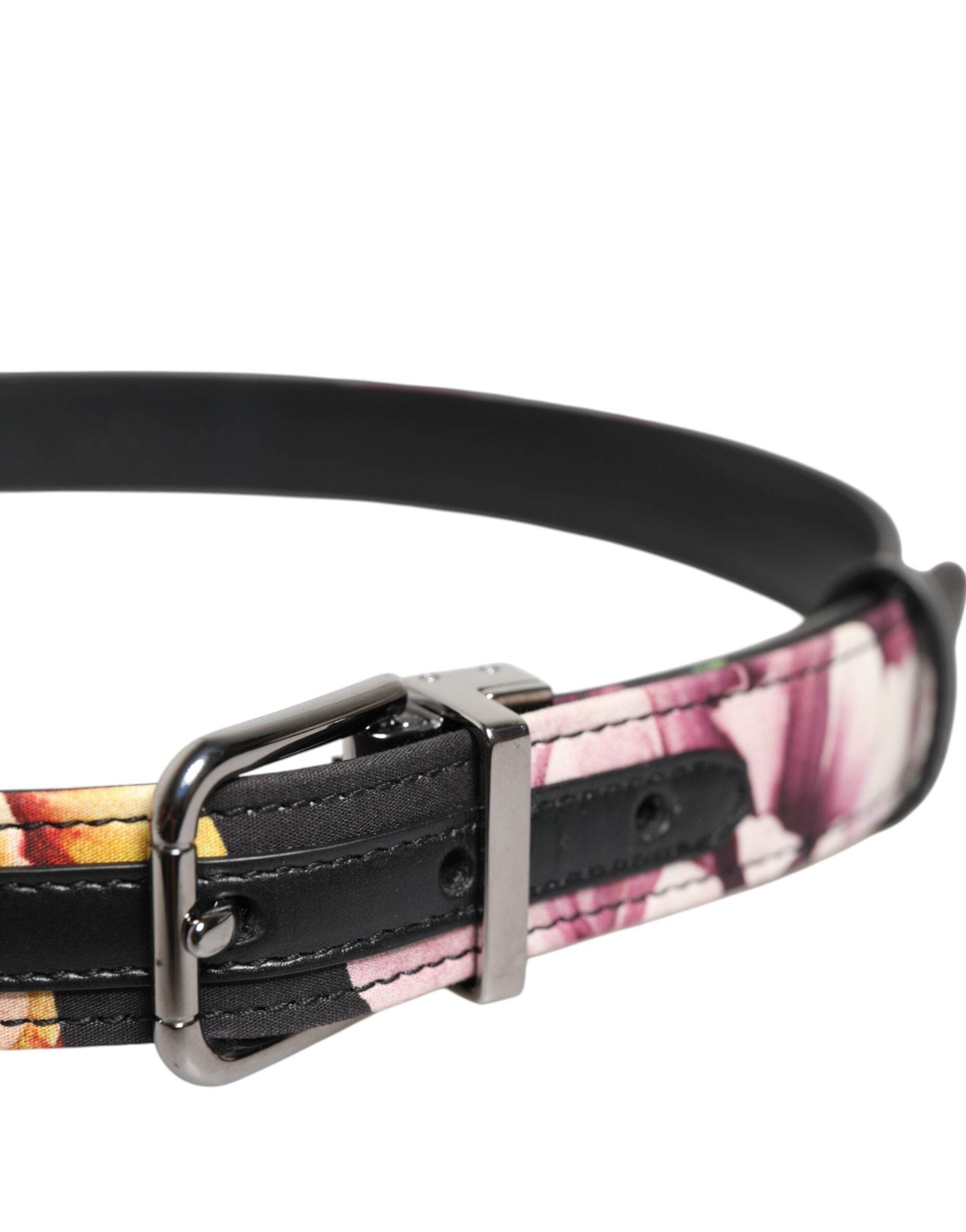 Dolce & Gabbana Black Floral Brocade Silver Metal Buckle Belt - Hilstor