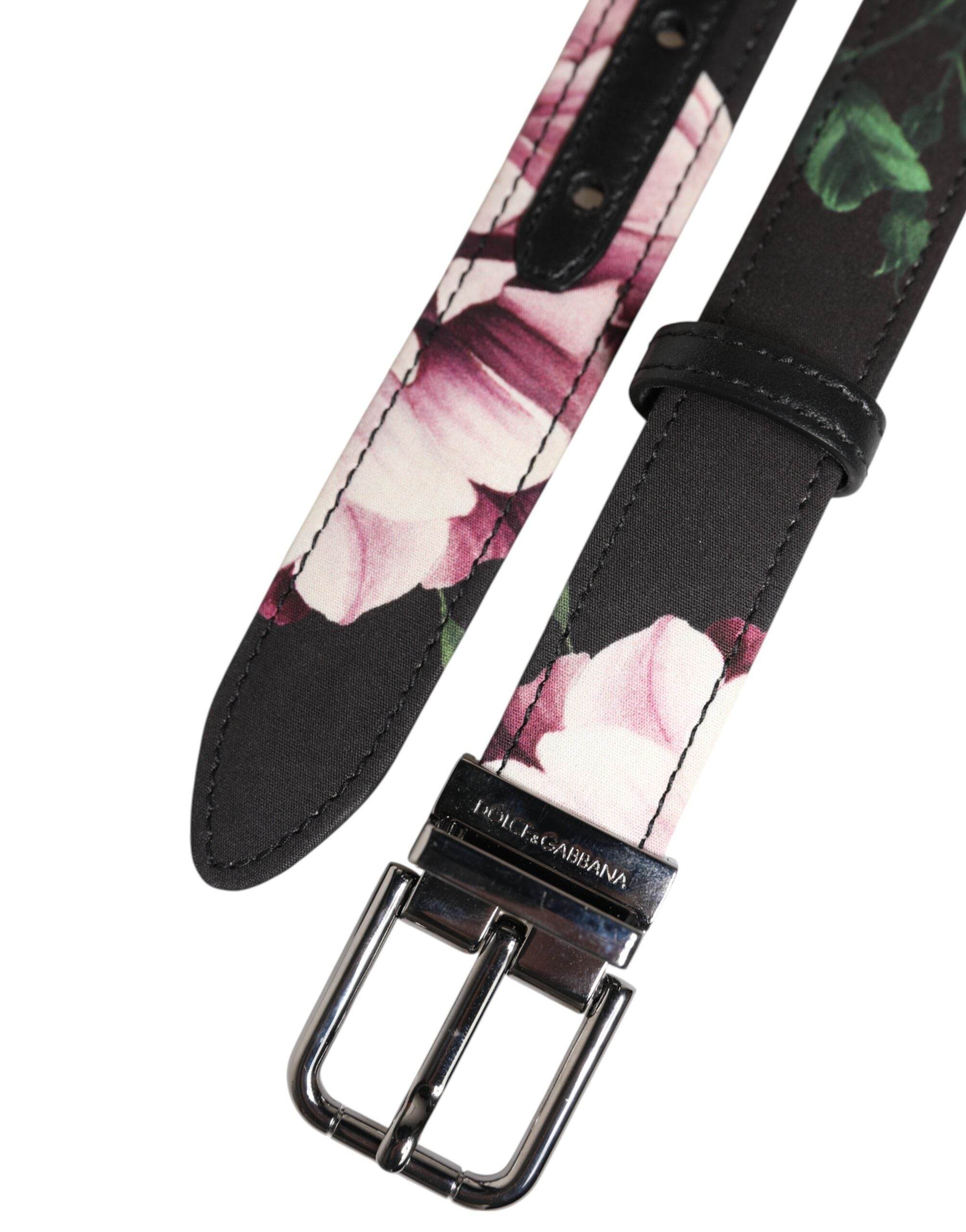 Dolce & Gabbana Black Floral Brocade Silver Metal Buckle Belt - Hilstor