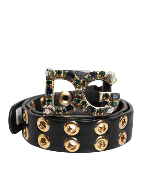 Dolce & Gabbana Black Leather Eyelet Crystal DG Buckle Belt - Hilstor