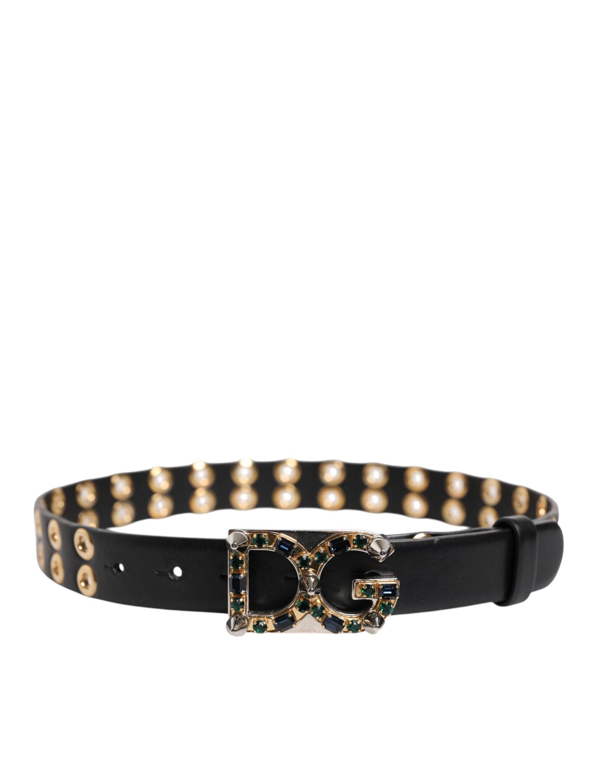 Dolce & Gabbana Black Leather Eyelet Crystal DG Buckle Belt - Hilstor
