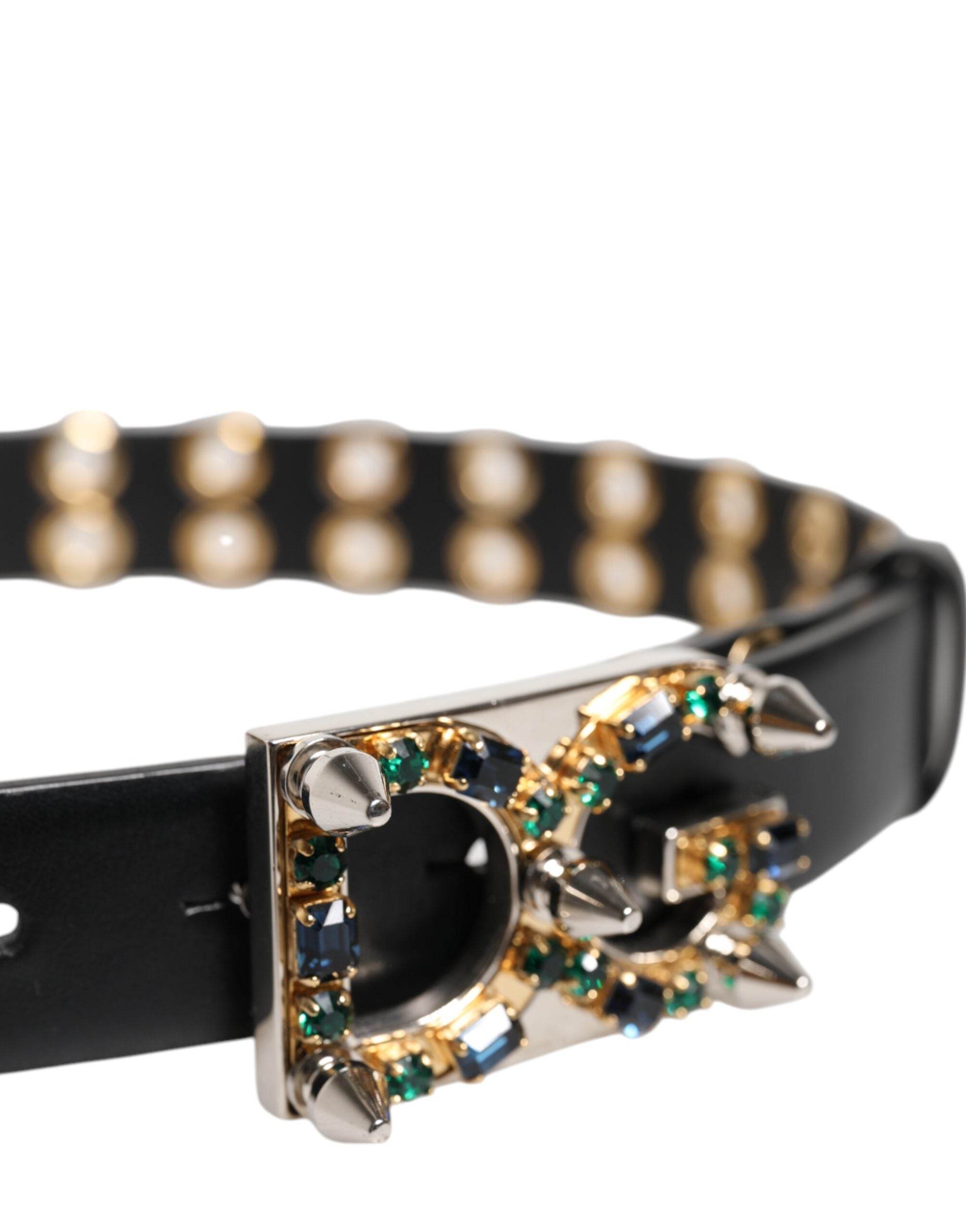 Dolce & Gabbana Black Leather Eyelet Crystal DG Buckle Belt - Hilstor