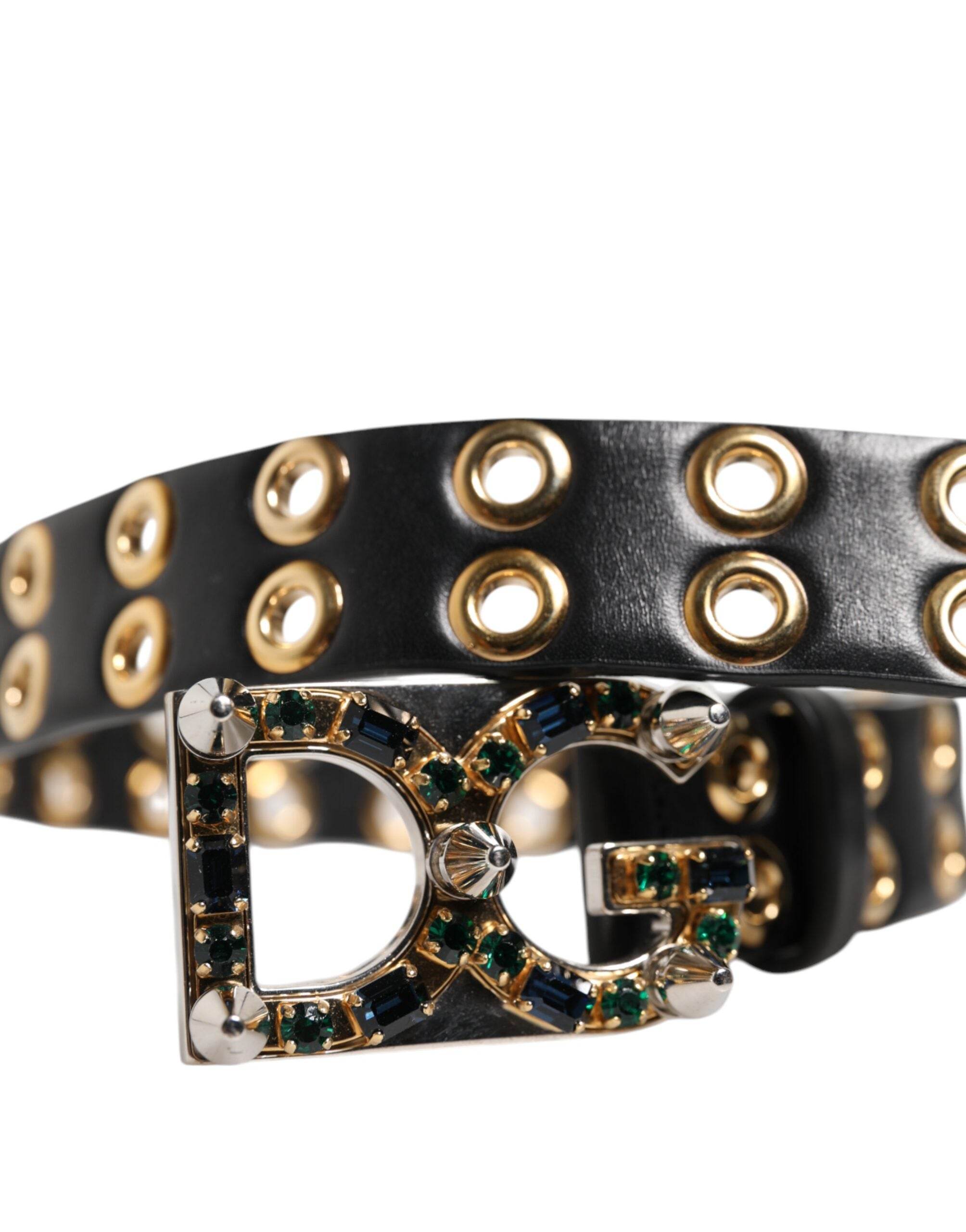 Dolce & Gabbana Black Leather Eyelet Crystal DG Buckle Belt - Hilstor