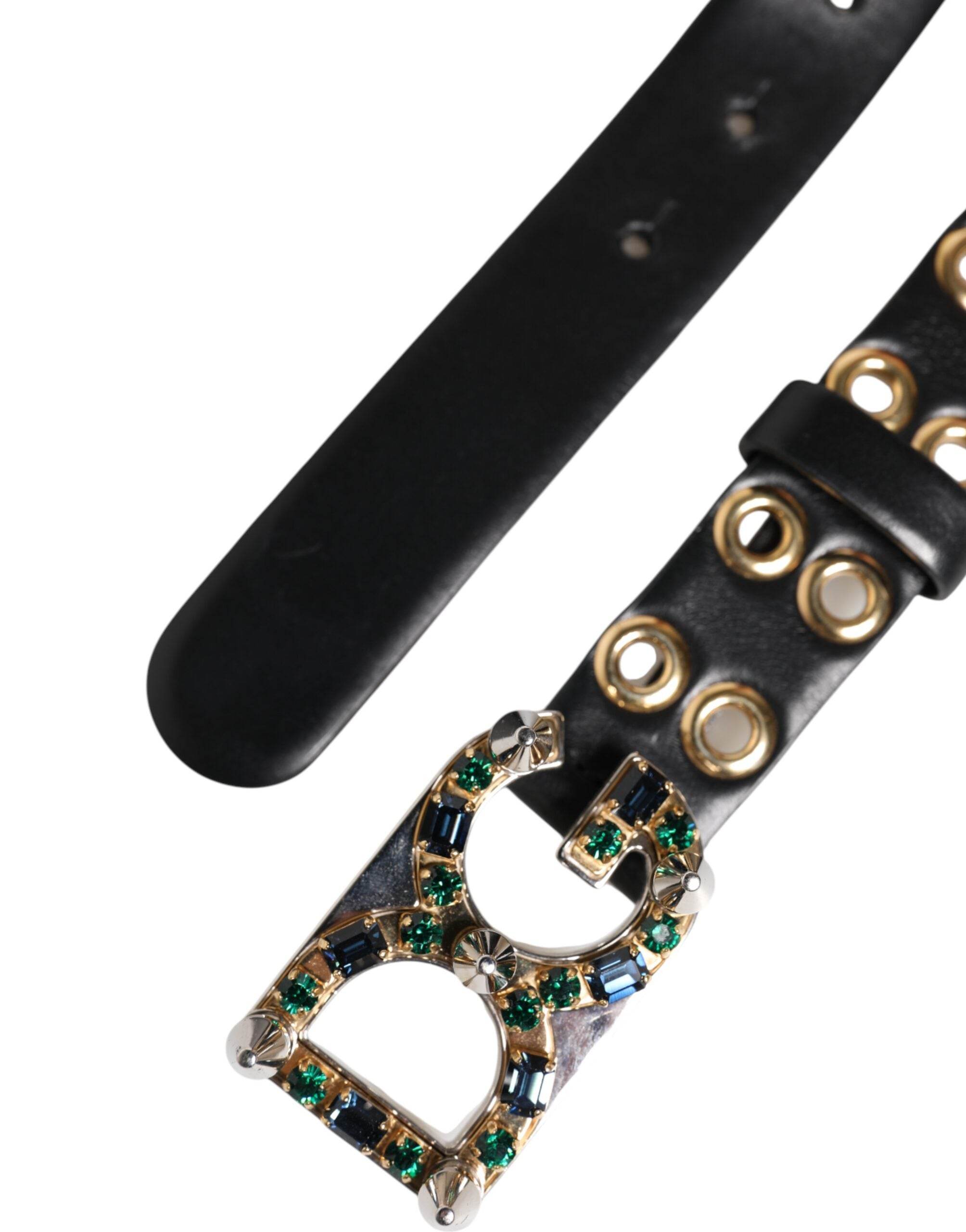 Dolce & Gabbana Black Leather Eyelet Crystal DG Buckle Belt - Hilstor
