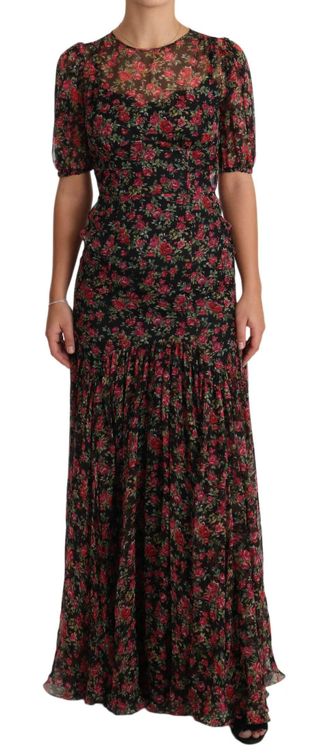 Dolce & Gabbana Black Floral Roses A-Line Shift Gown Dress - Hilstor