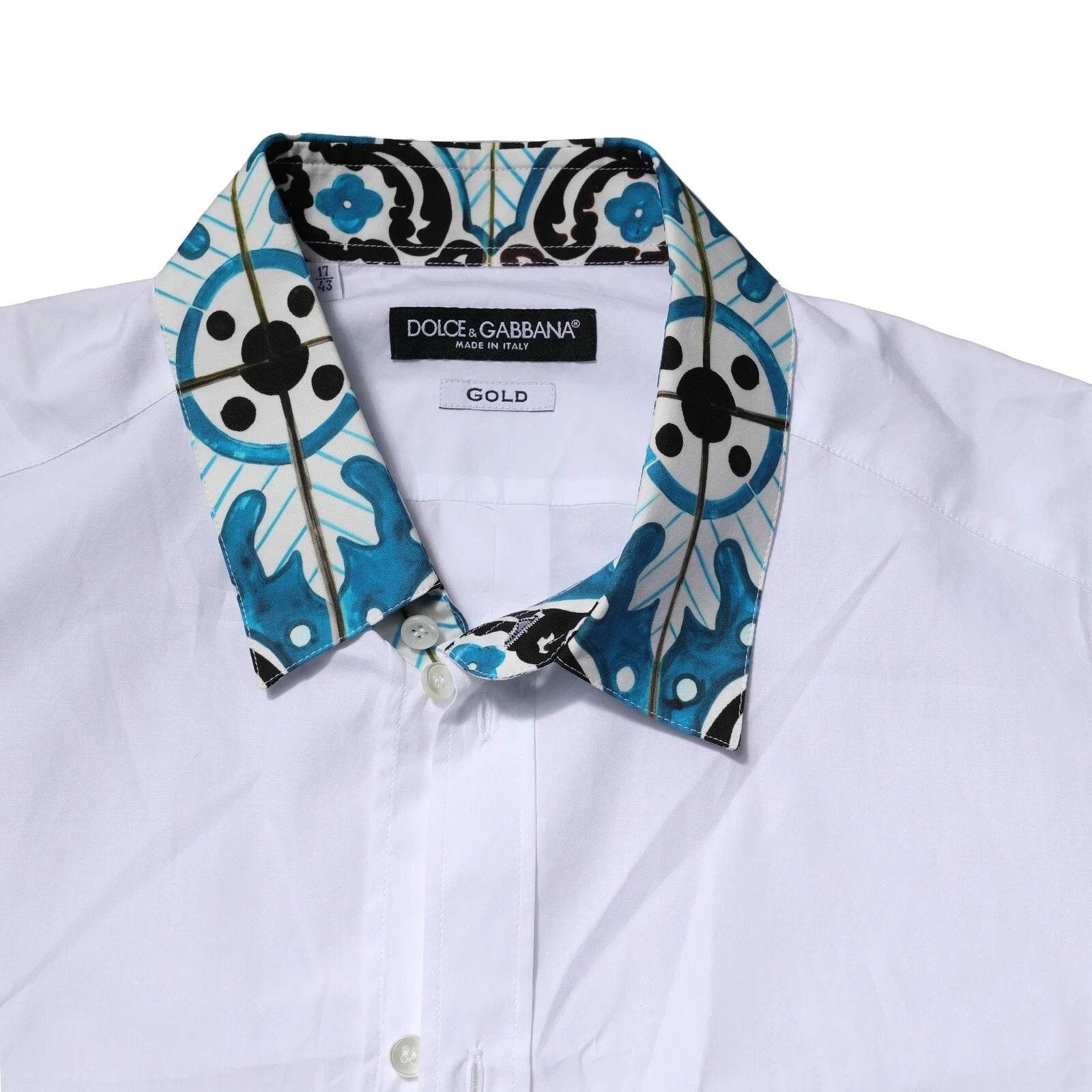 Dolce & Gabbana White Majolica Detailing GOLD Dress Shirt - Hilstor