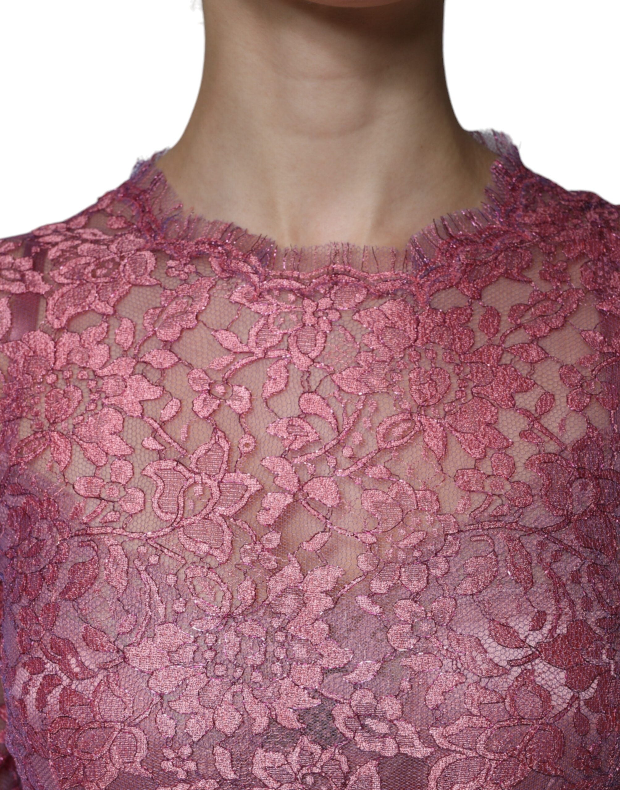 Dolce &amp; Gabbana Lyserød Blomsterblonder Langærmet Midikjole