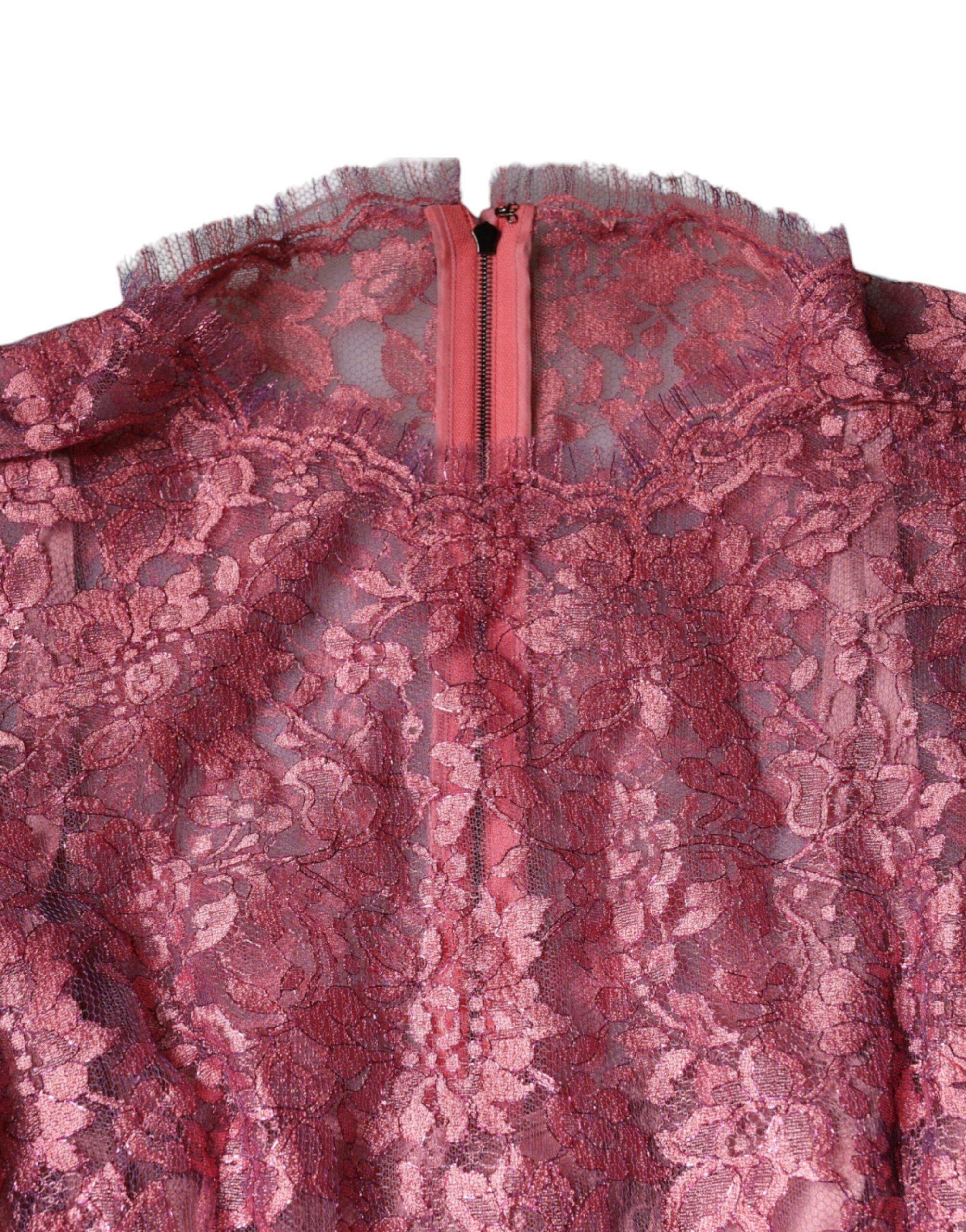 Dolce &amp; Gabbana Lyserød Blomsterblonder Langærmet Midikjole