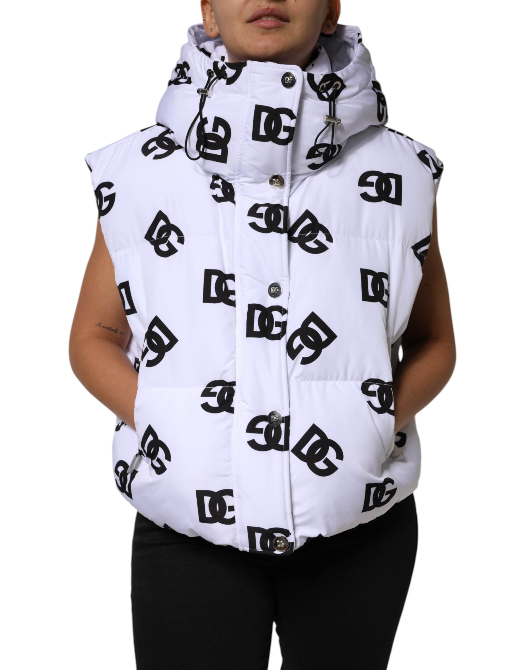 Dolce &amp; Gabbana Vit Svart DG Mania Polyester Pufferjacka