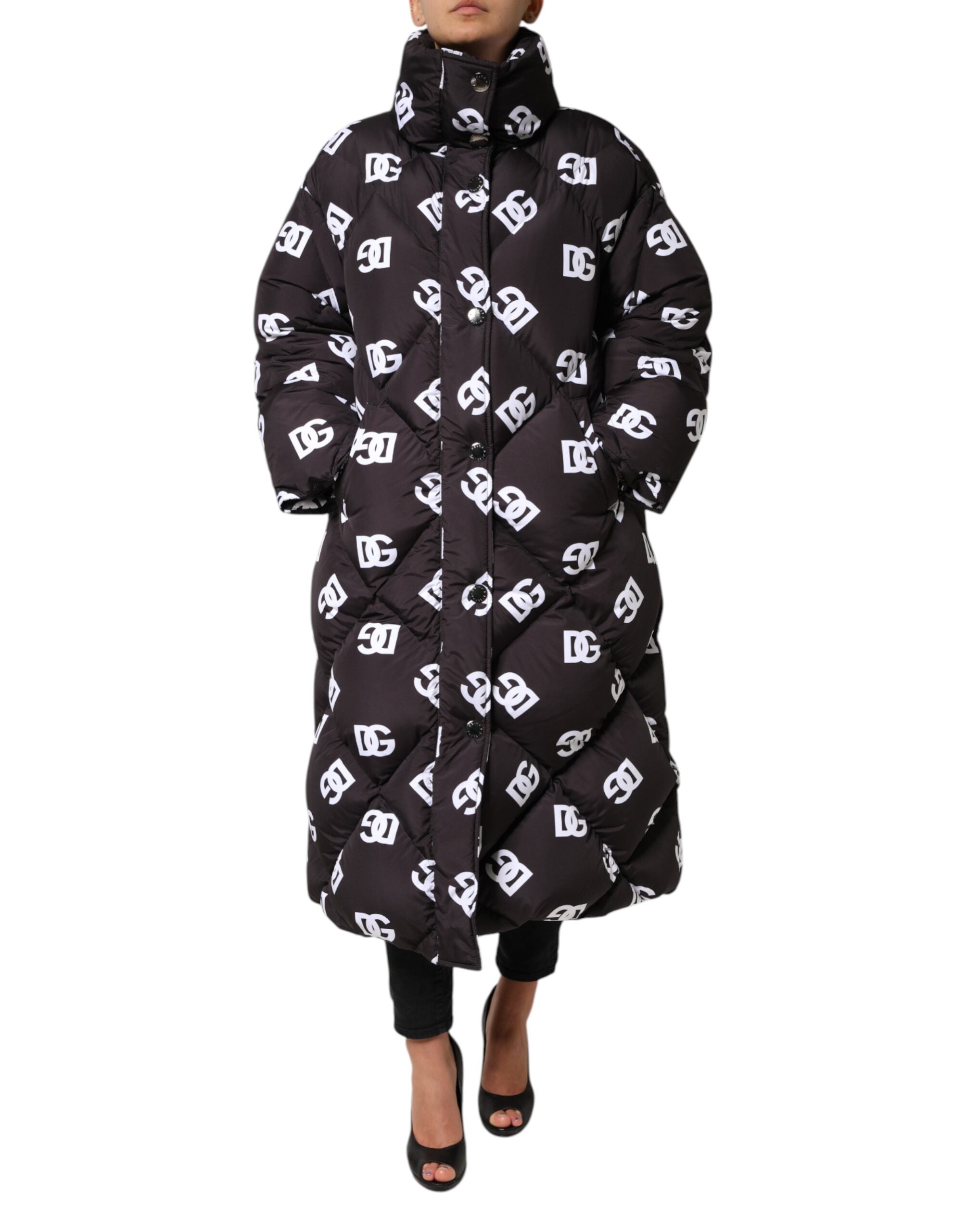 Dolce &amp; Gabbana Sort DG Mania Puffer Quiltet Lang Frakkejakke