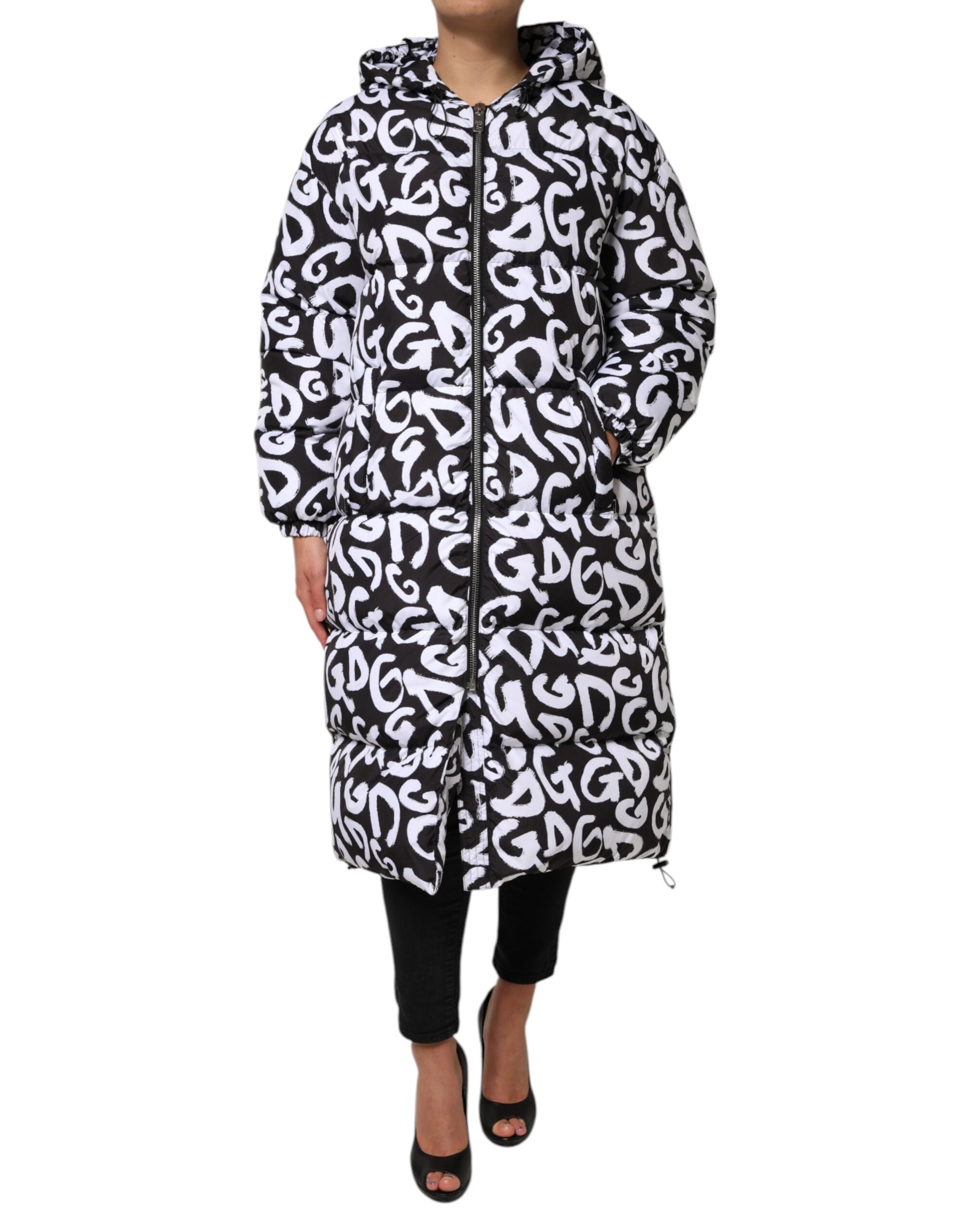 Dolce &amp; Gabbana Sort/Hvid DG Mania Lang Frakkejakke med Hætte