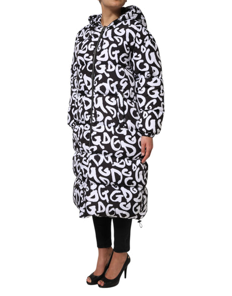 Dolce &amp; Gabbana Sort/Hvid DG Mania Lang Frakkejakke med Hætte