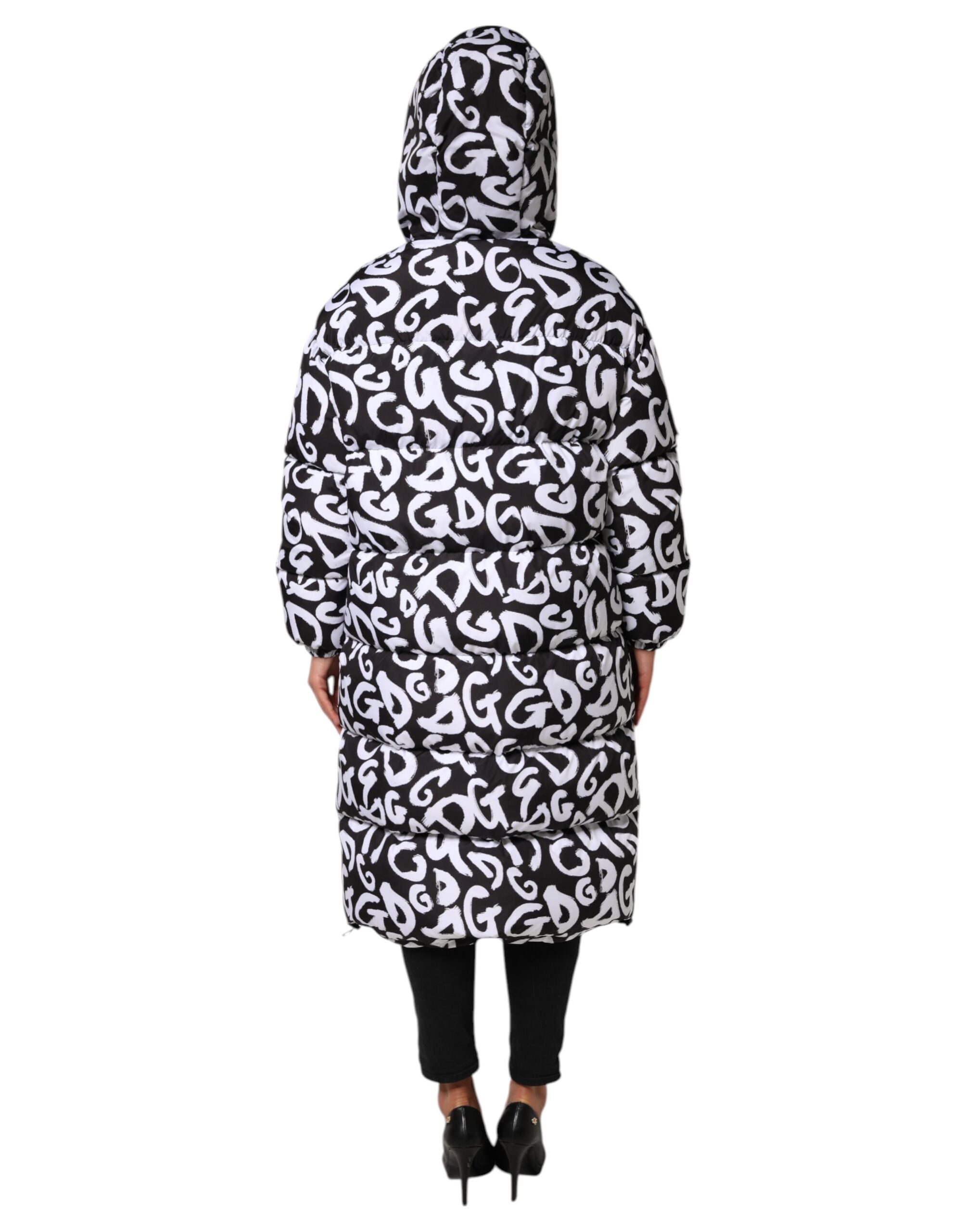 Dolce &amp; Gabbana Sort/Hvid DG Mania Lang Frakkejakke med Hætte