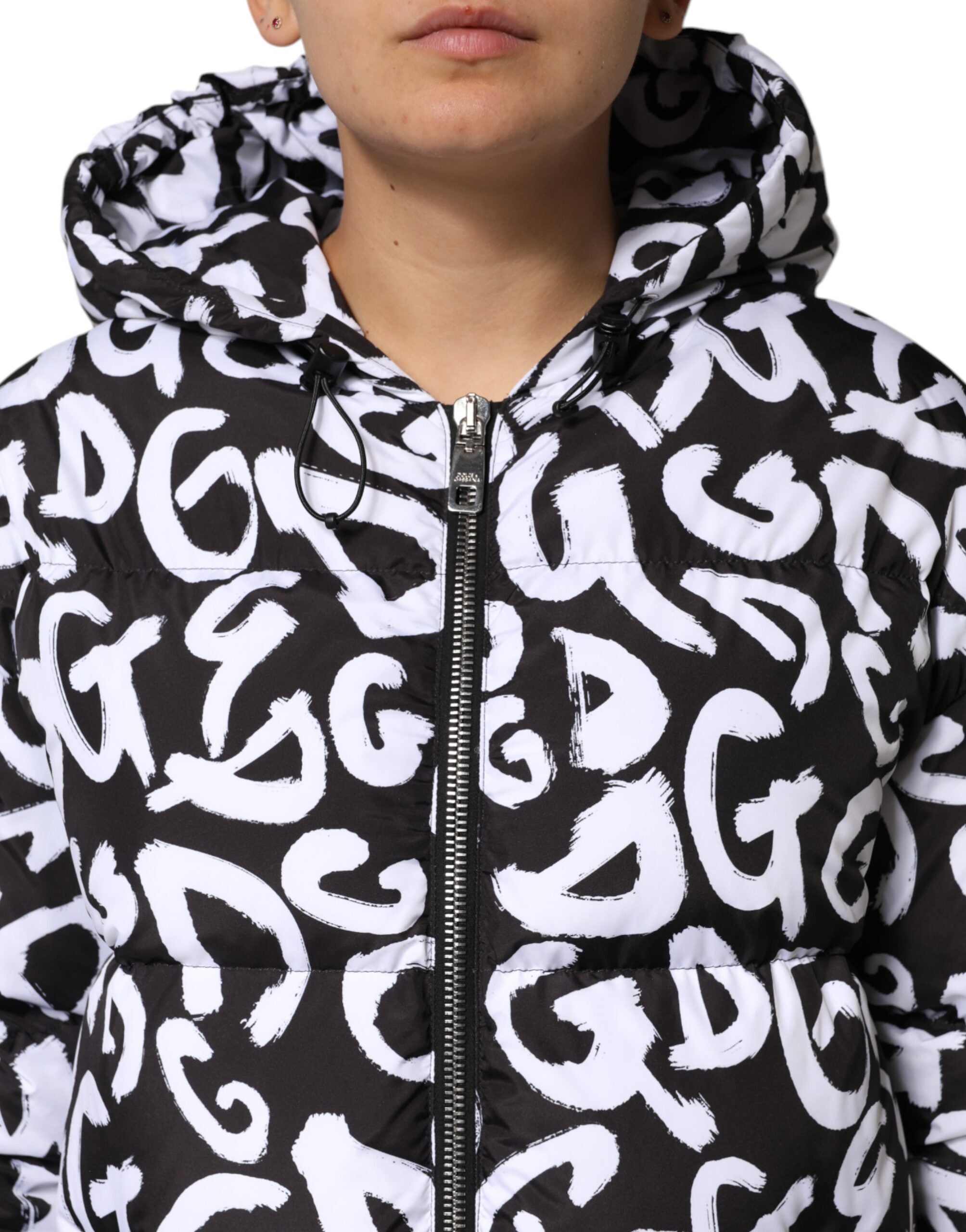 Dolce &amp; Gabbana Sort/Hvid DG Mania Lang Frakkejakke med Hætte