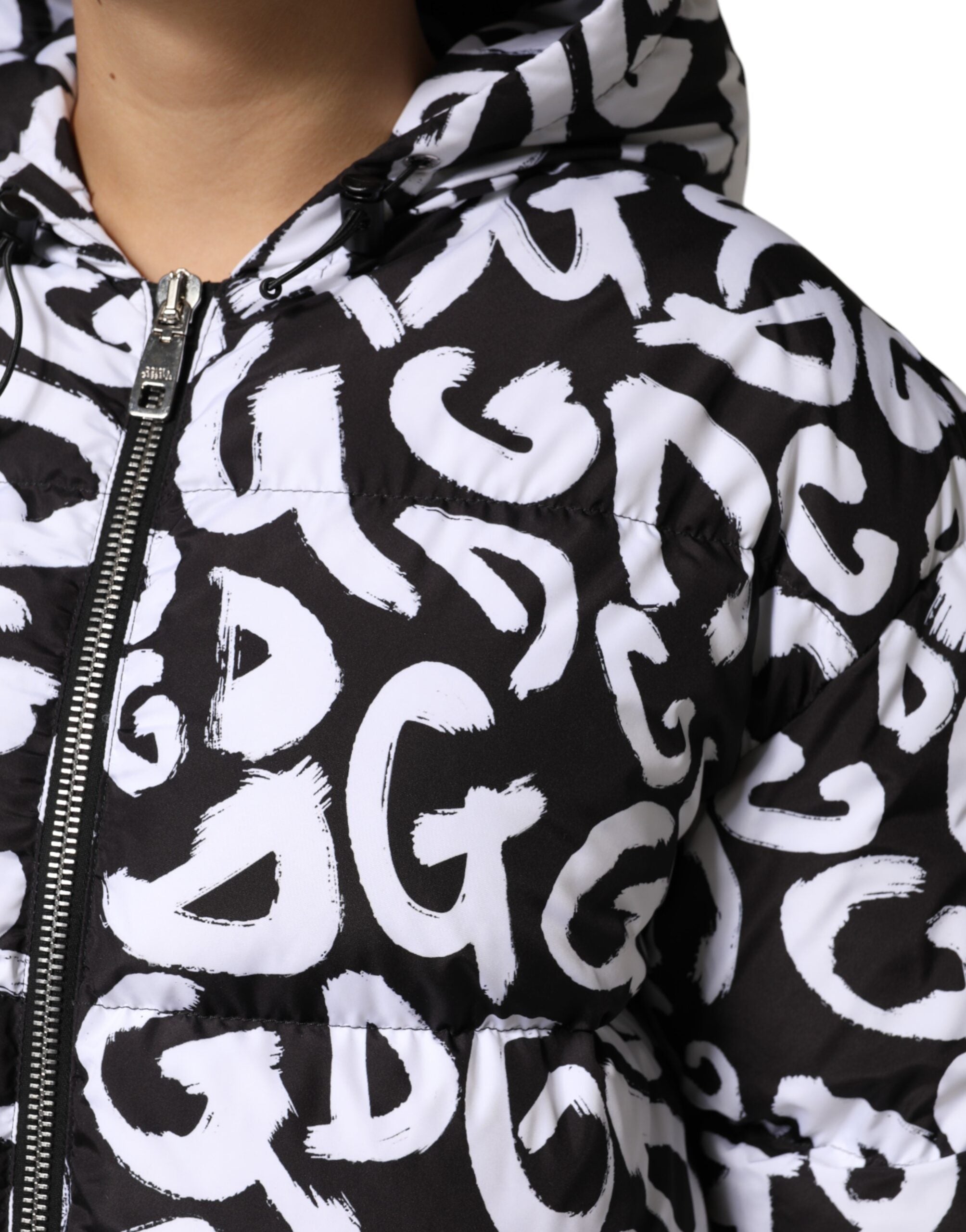 Dolce &amp; Gabbana Sort/Hvid DG Mania Lang Frakkejakke med Hætte