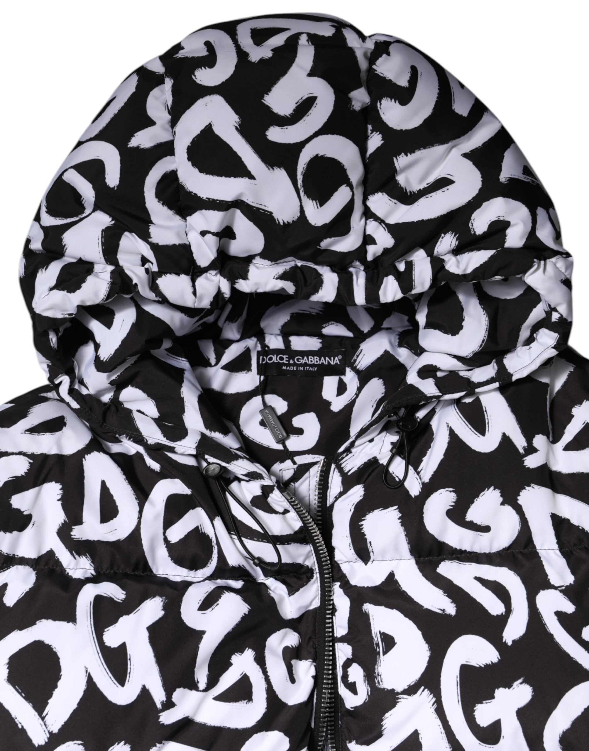 Dolce &amp; Gabbana Sort/Hvid DG Mania Lang Frakkejakke med Hætte