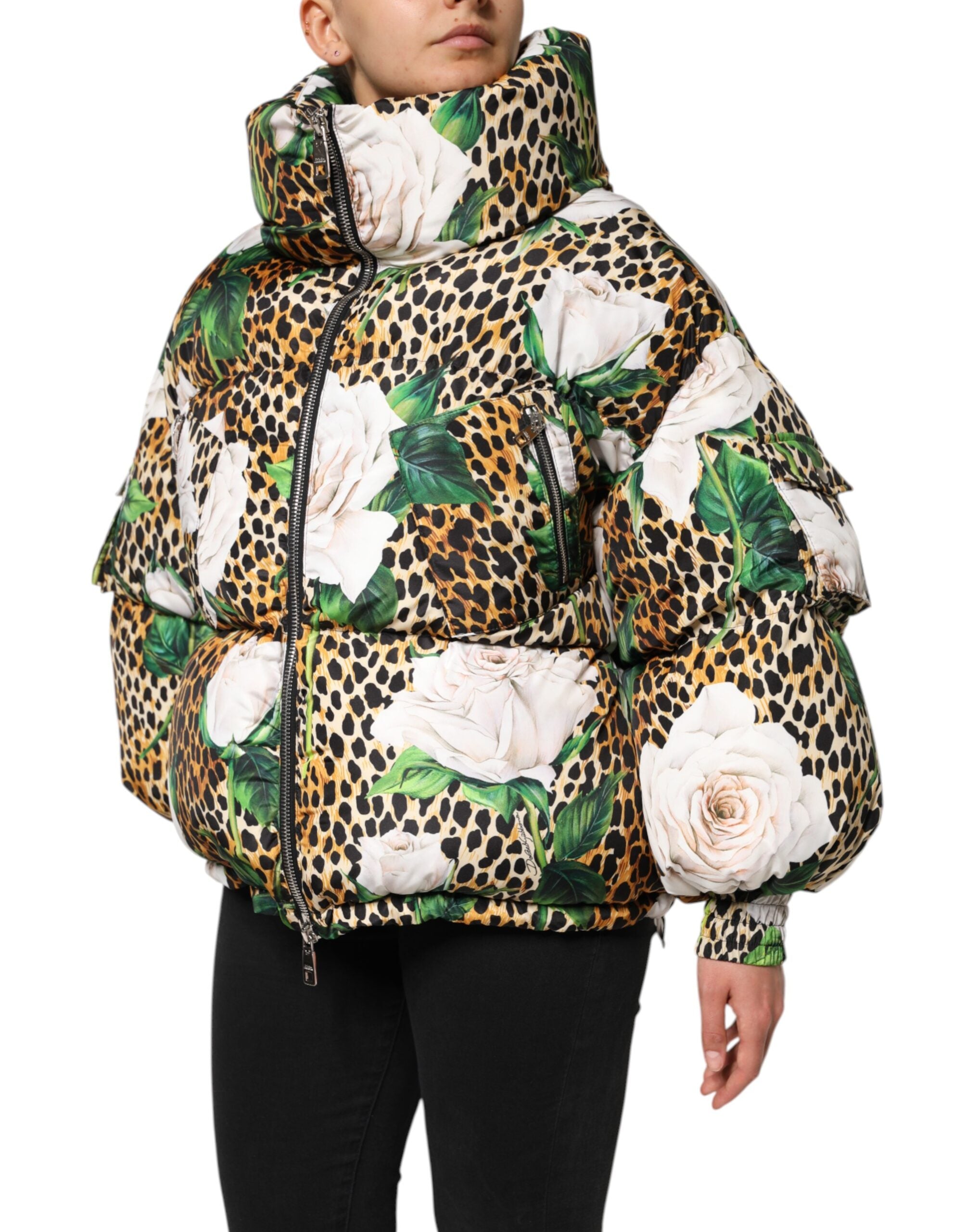 Dolce &amp; Gabbana Flerfarvet Leopard Rose Puffer Quiltet Jakke