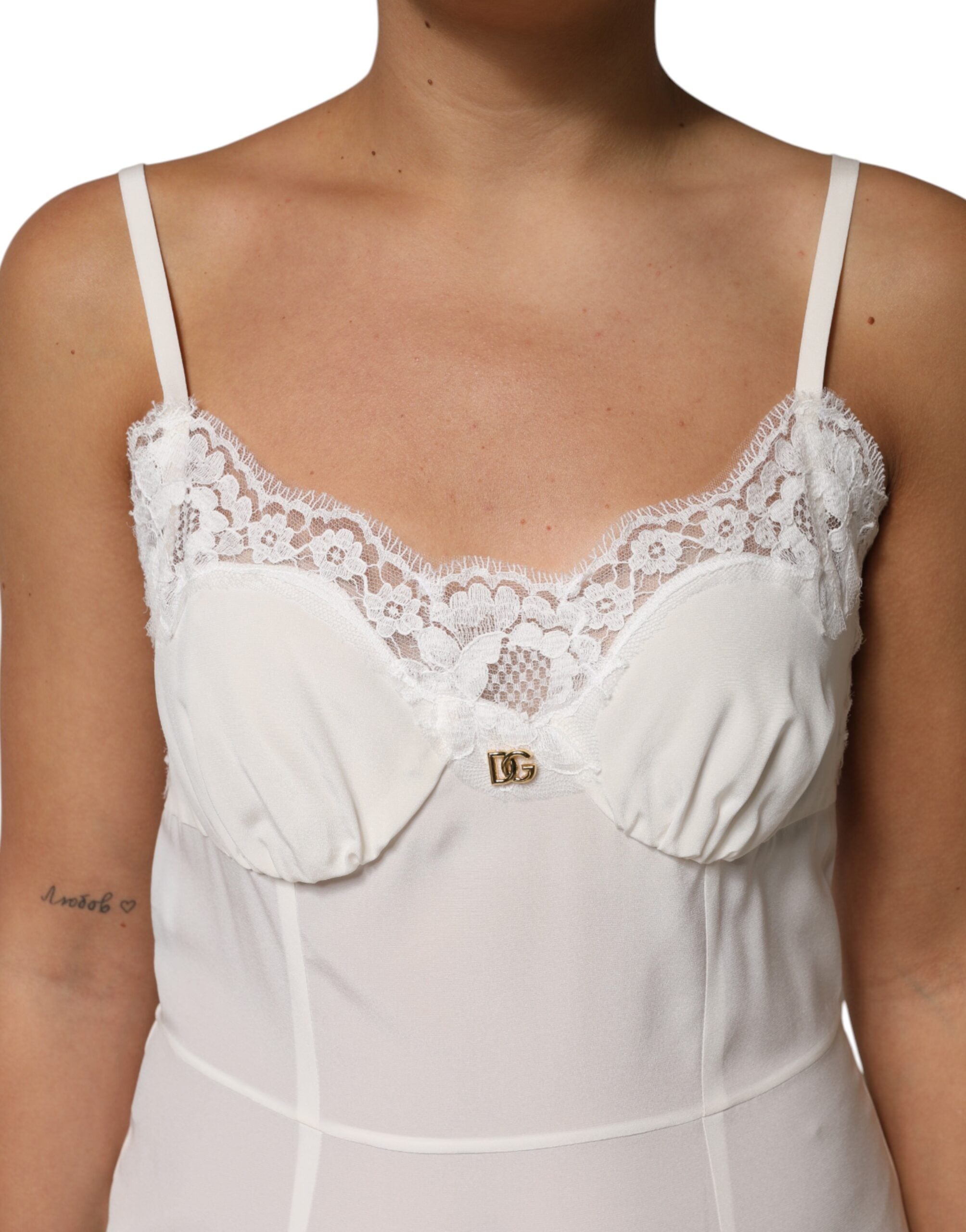 Dolce &amp; Gabbana Hvid Blonde Guld DG Logo Silkekjole Nattøj