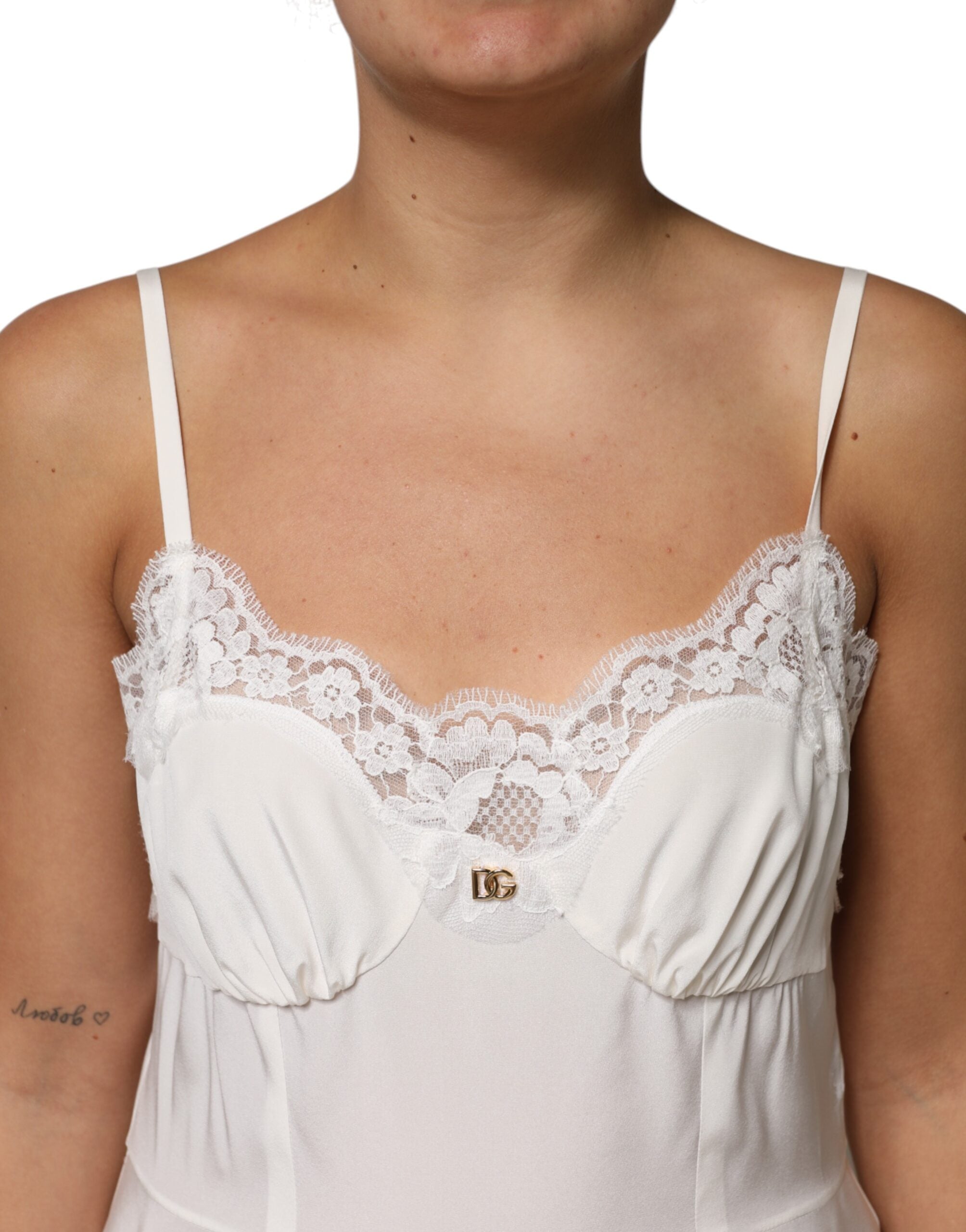 Dolce &amp; Gabbana Hvid Blonde Guld DG Logo Silkekjole Nattøj