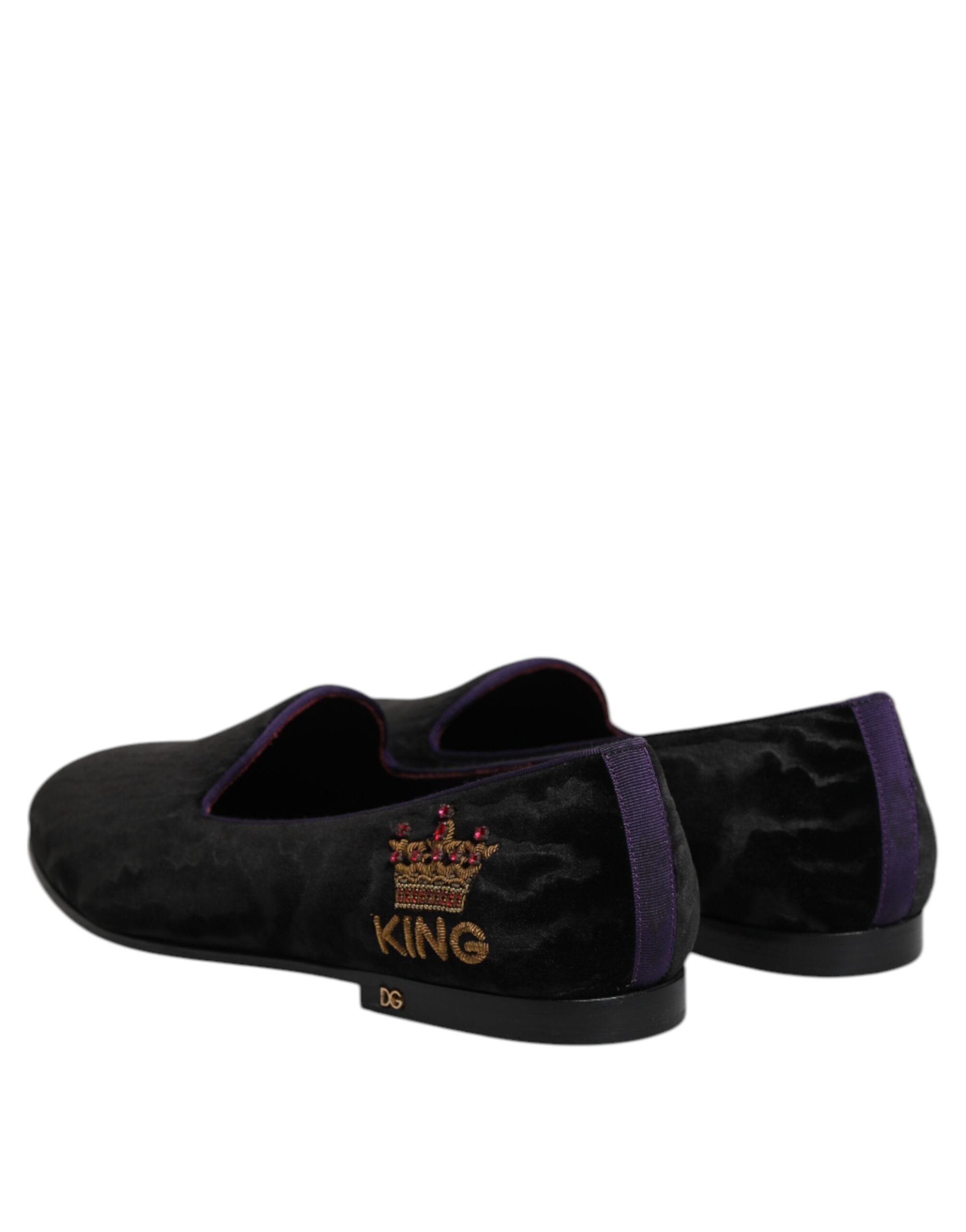 Dolce &amp; Gabbana Sorte DG Kronebroderi Loafers Slip On Sko
