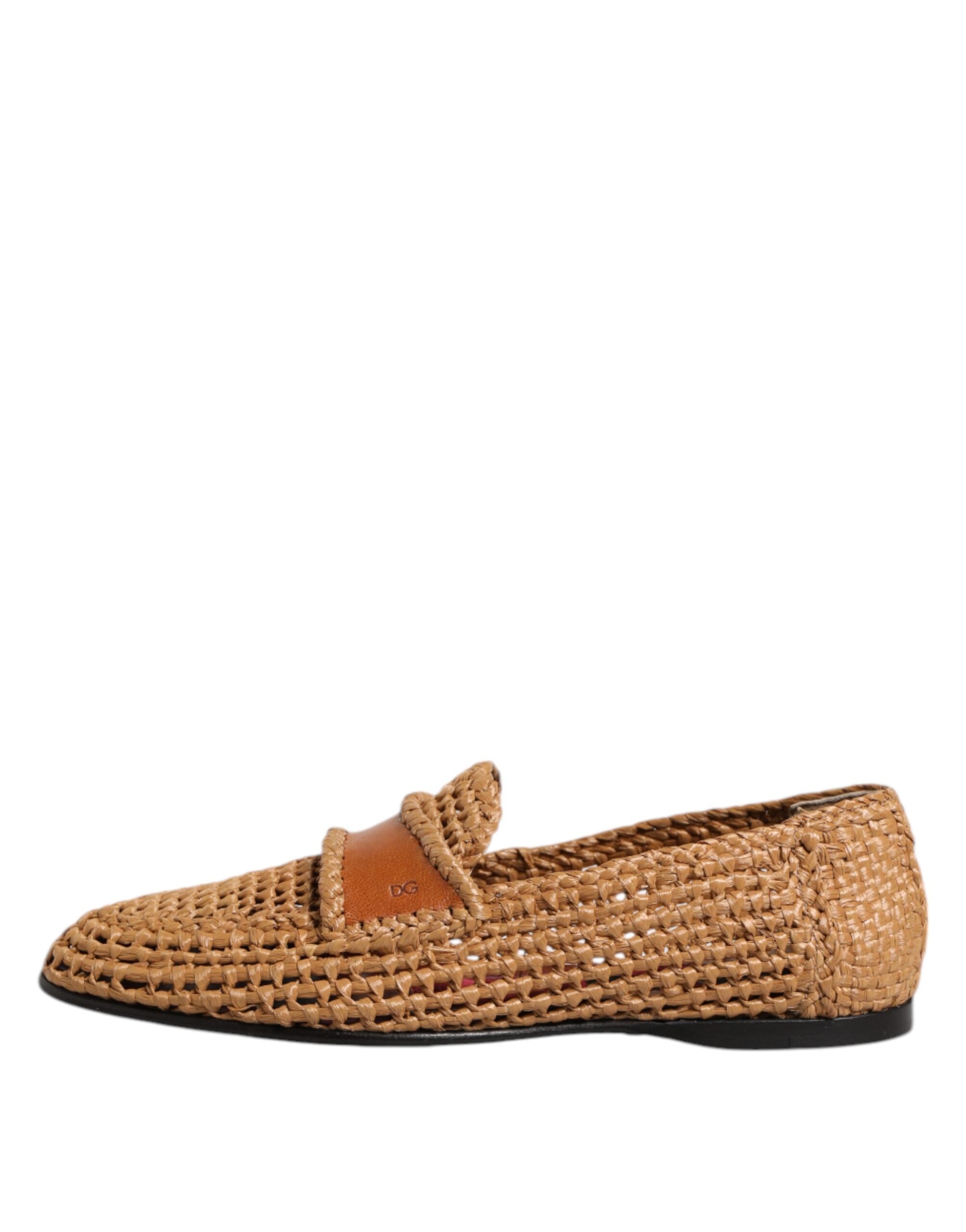 Dolce & Gabbana Brown Woven Raffia Slip On Loafers Shoes
