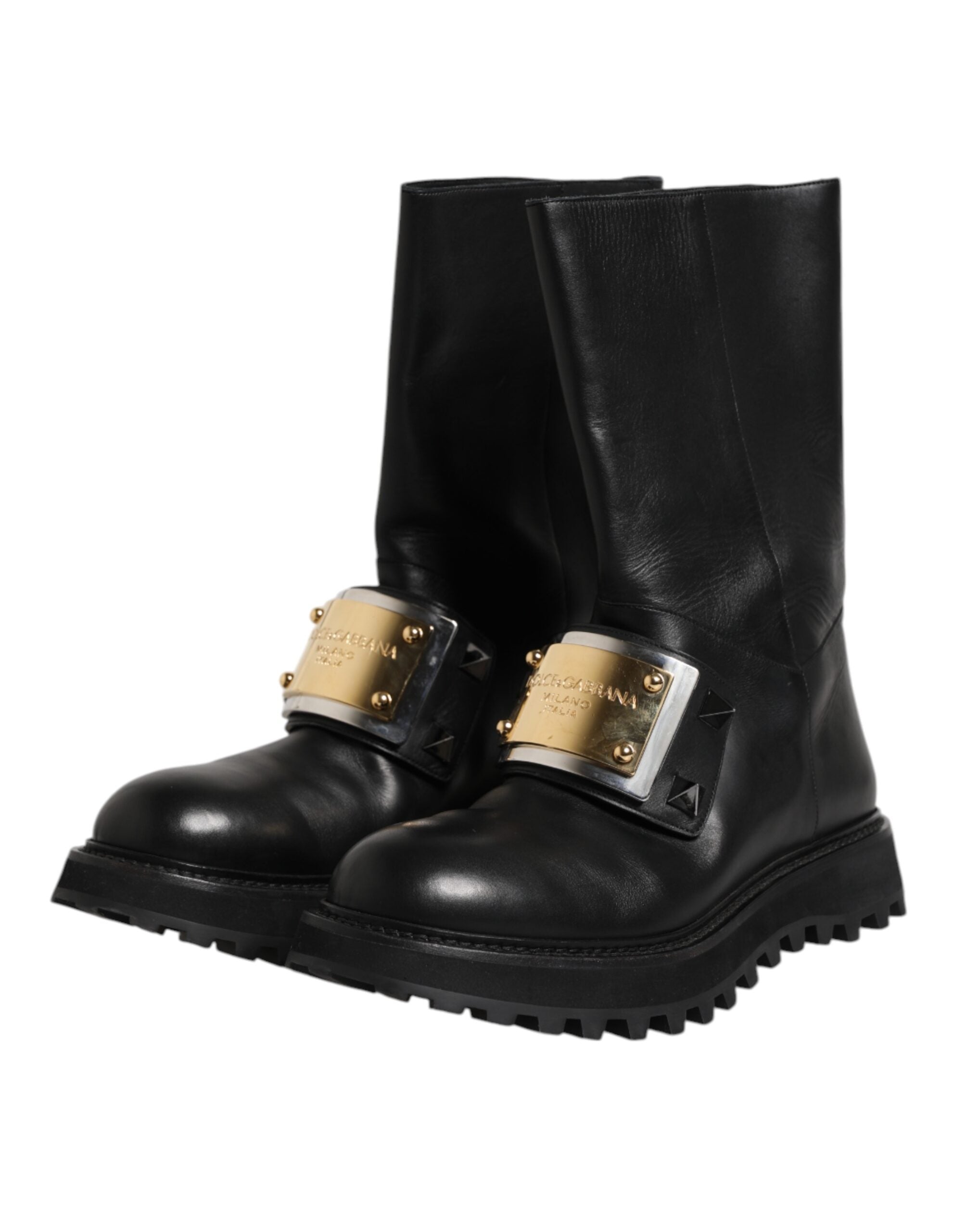 Dolce & Gabbana Black Leather DG Logo Plaque High Boots Shoes