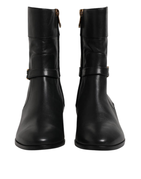 Dolce & Gabbana Black Leather Flats Logo Short Boots Shoes