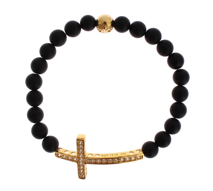 Nialaya Chic Matte Onyx Bead & CZ Diamond Cross Bracelet - Hilstor