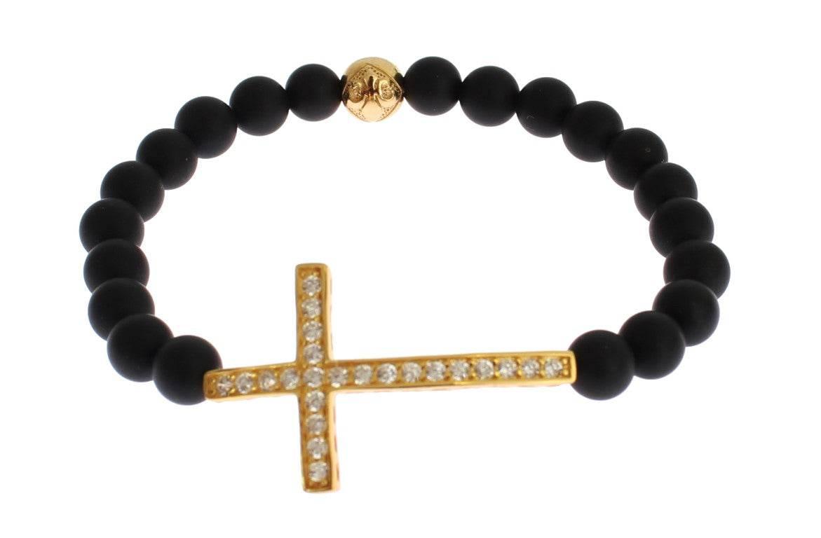Nialaya Chic Matte Onyx Bead & CZ Diamond Cross Bracelet - Hilstor