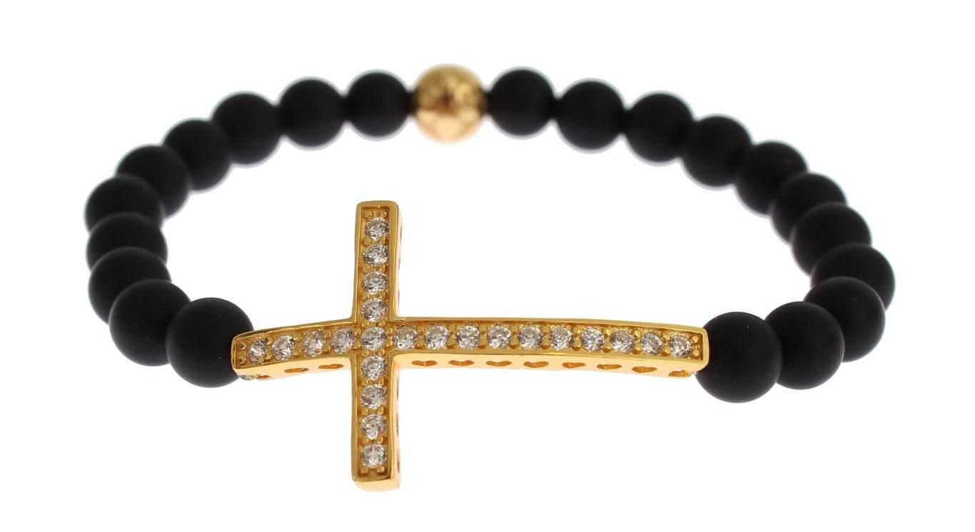 Nialaya Chic Matte Onyx Bead & CZ Diamond Cross Bracelet - Hilstor