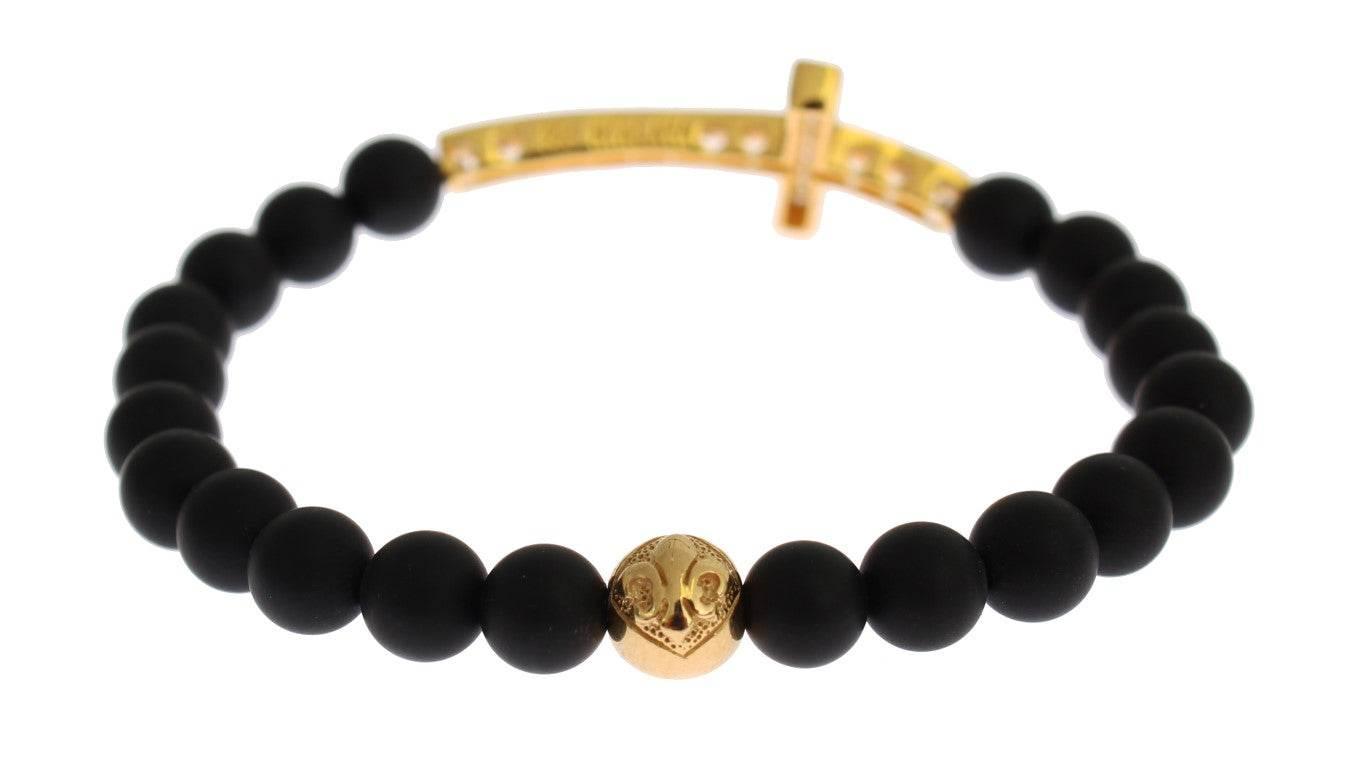 Nialaya Chic Matte Onyx Bead & CZ Diamond Cross Bracelet - Hilstor