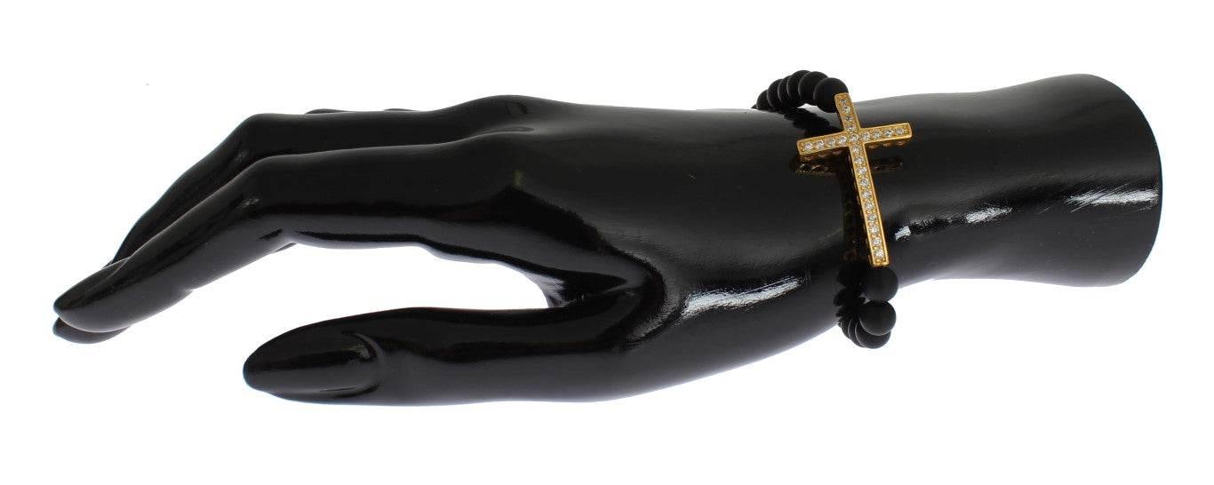 Nialaya Chic Matte Onyx Bead & CZ Diamond Cross Bracelet - Hilstor