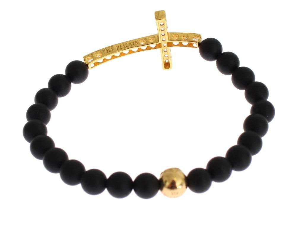 Nialaya Chic Matte Onyx Bead & CZ Diamond Cross Bracelet - Hilstor