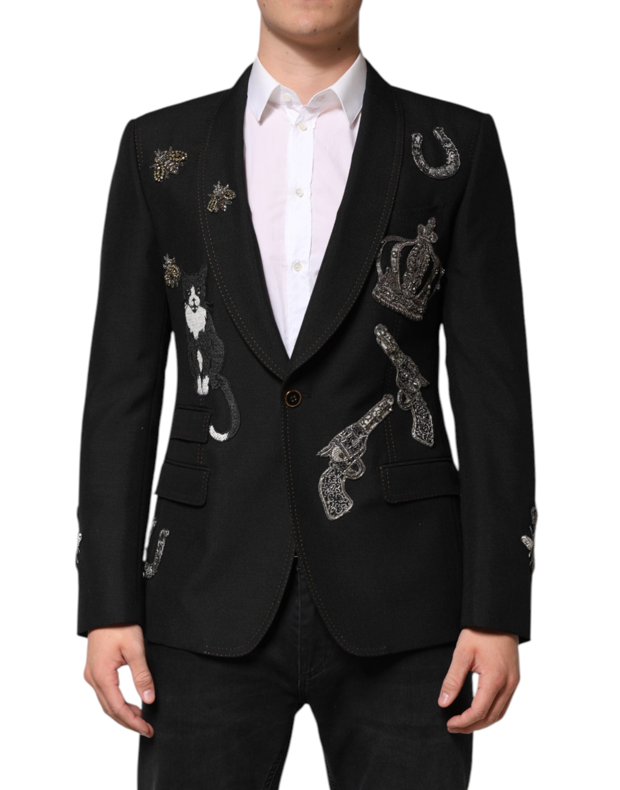 Dolce &amp; Gabbana Sort Bi Krone Udsmykket Habitfrakke Blazer