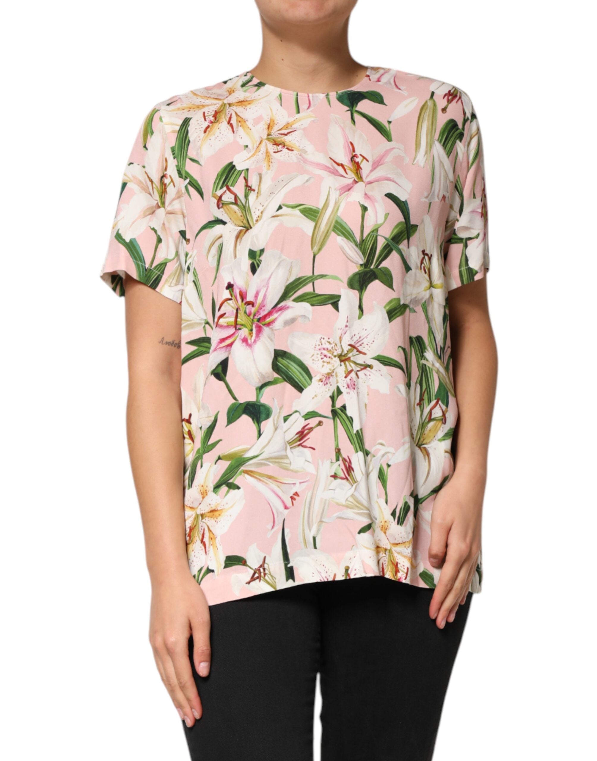 Dolce &amp; Gabbana Pink Lily Printed Rund Hals Blusetop