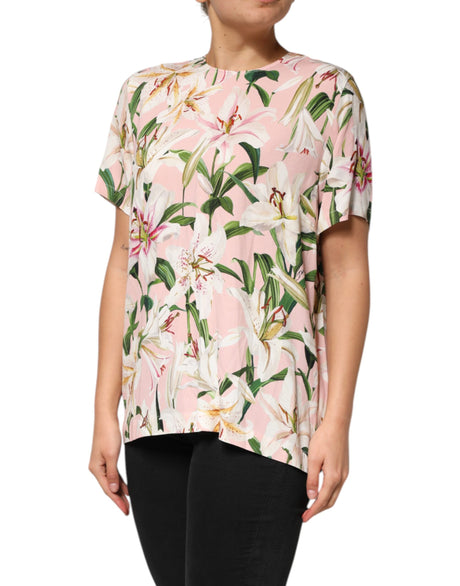 Dolce &amp; Gabbana Pink Lily Printed Rund Hals Blusetop