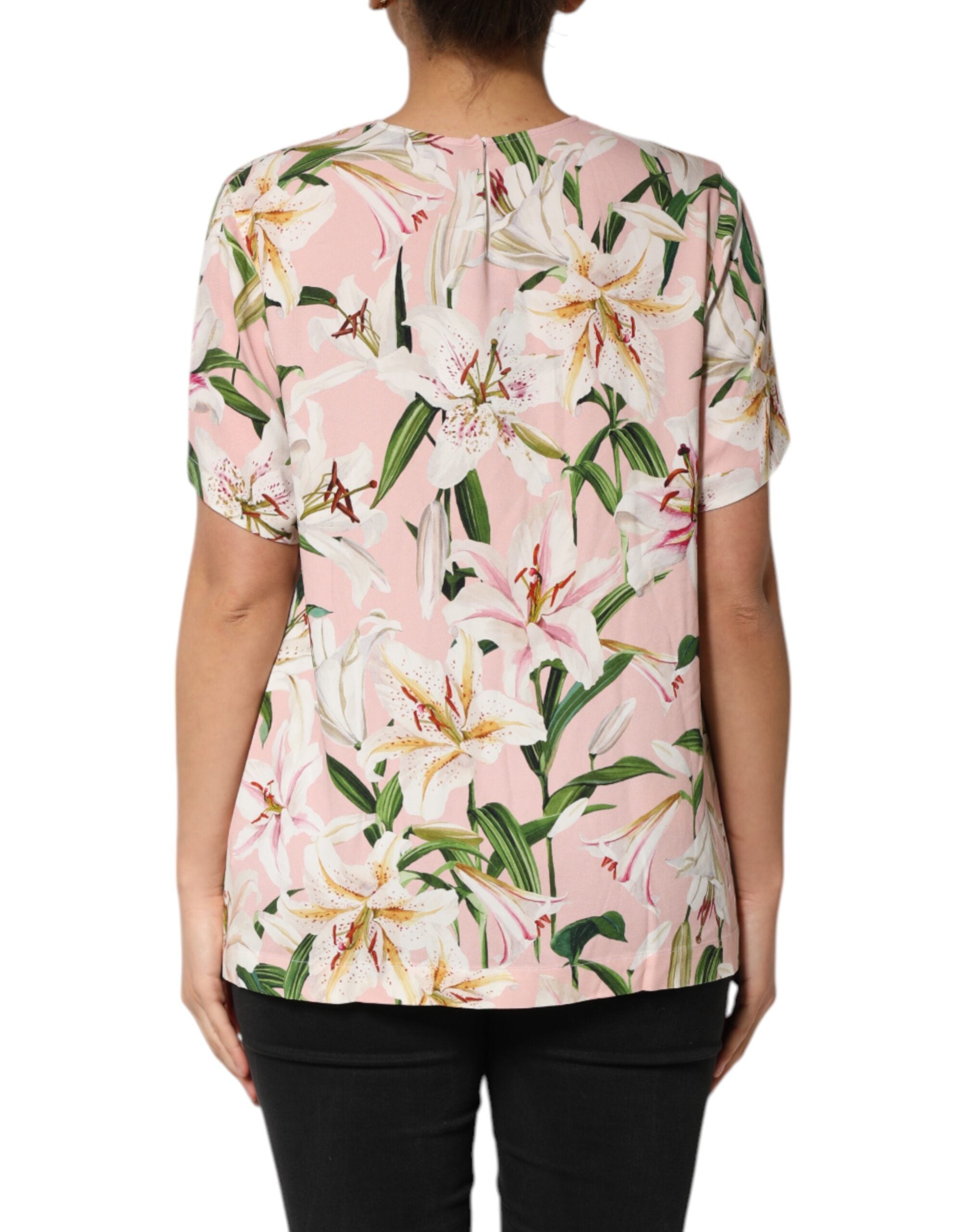 Dolce &amp; Gabbana Pink Lily Printed Rund Hals Blusetop