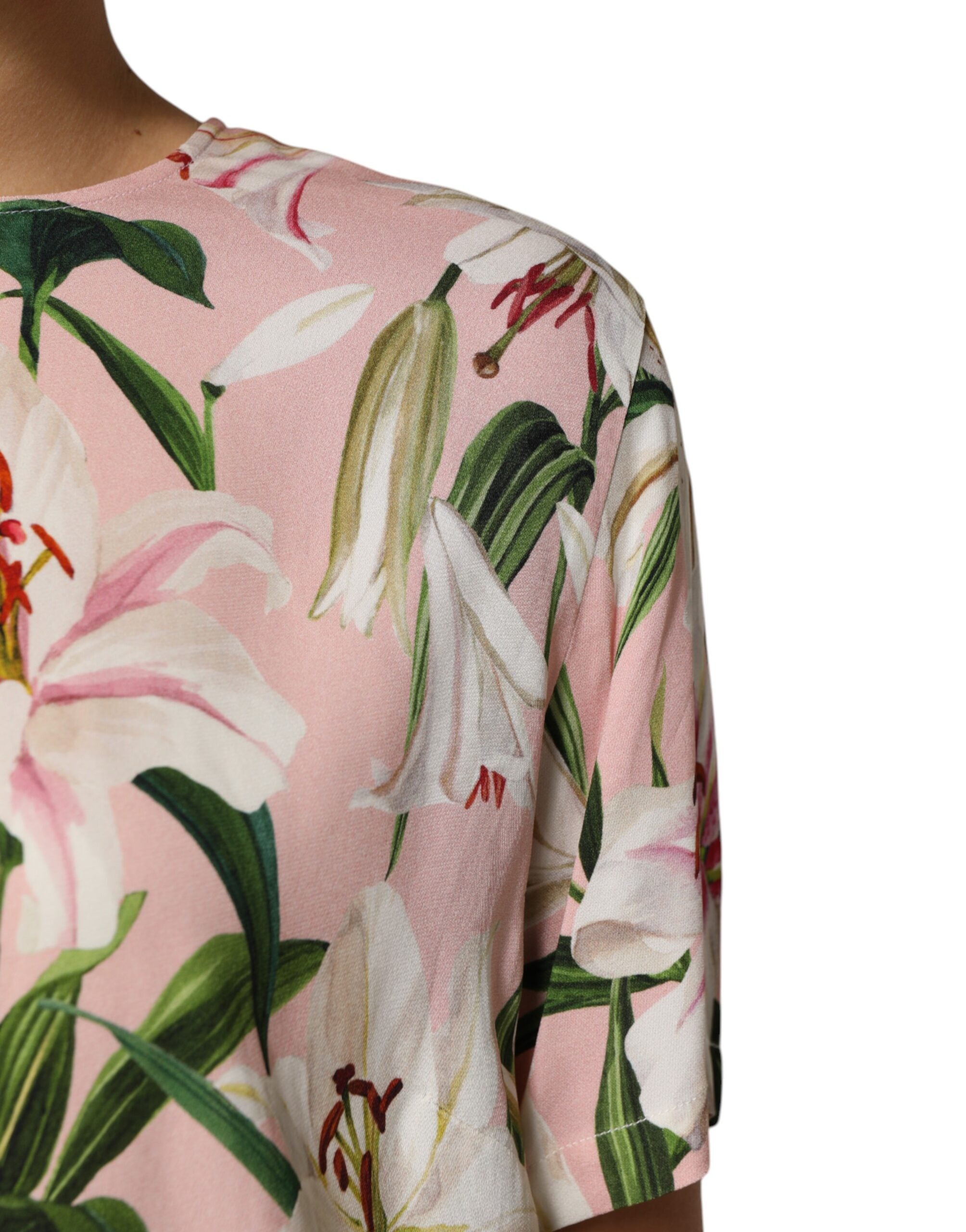 Dolce &amp; Gabbana Pink Lily Printed Rund Hals Blusetop