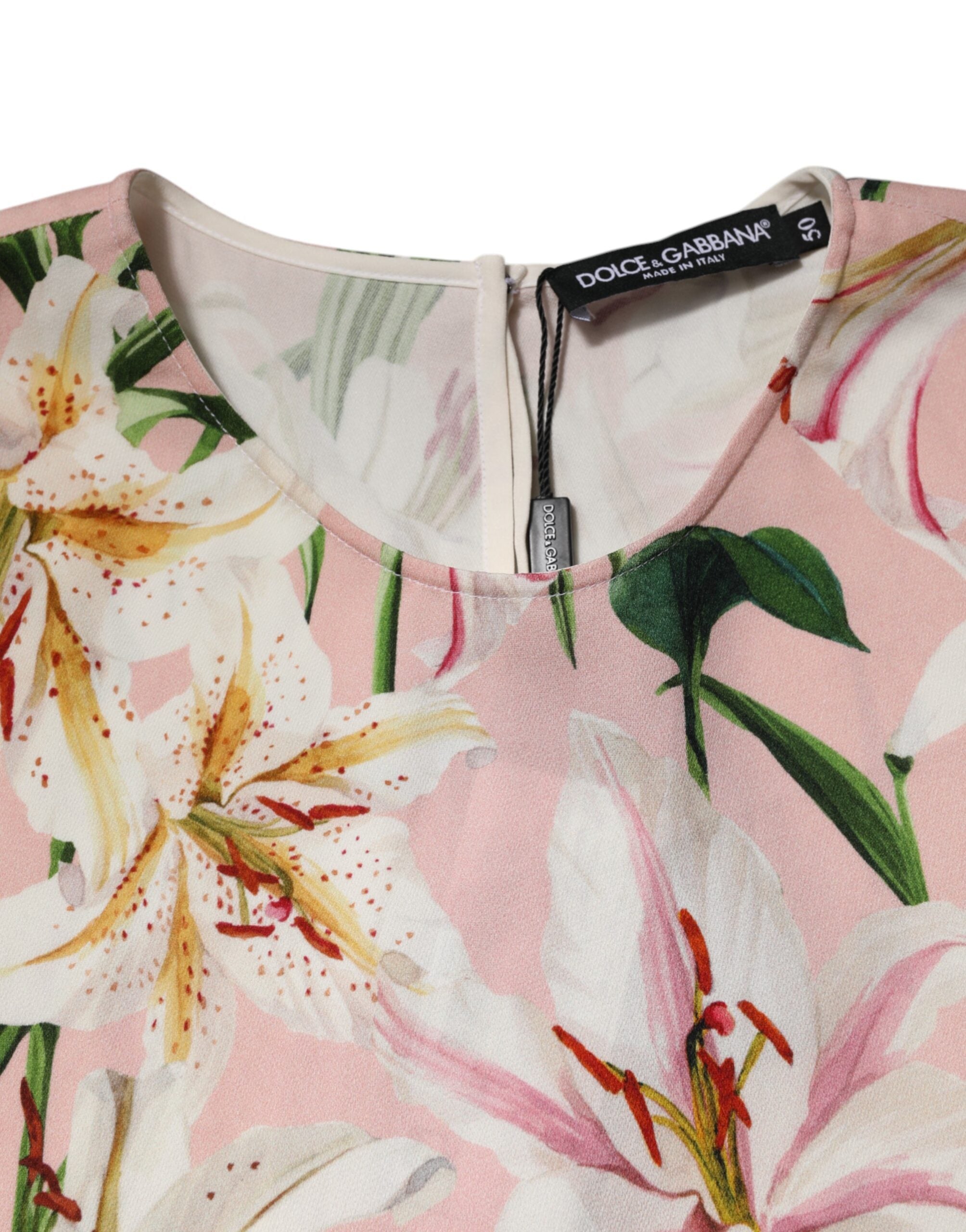 Dolce & Gabbana Pink Lily Printed Round Neck Blouse Top
