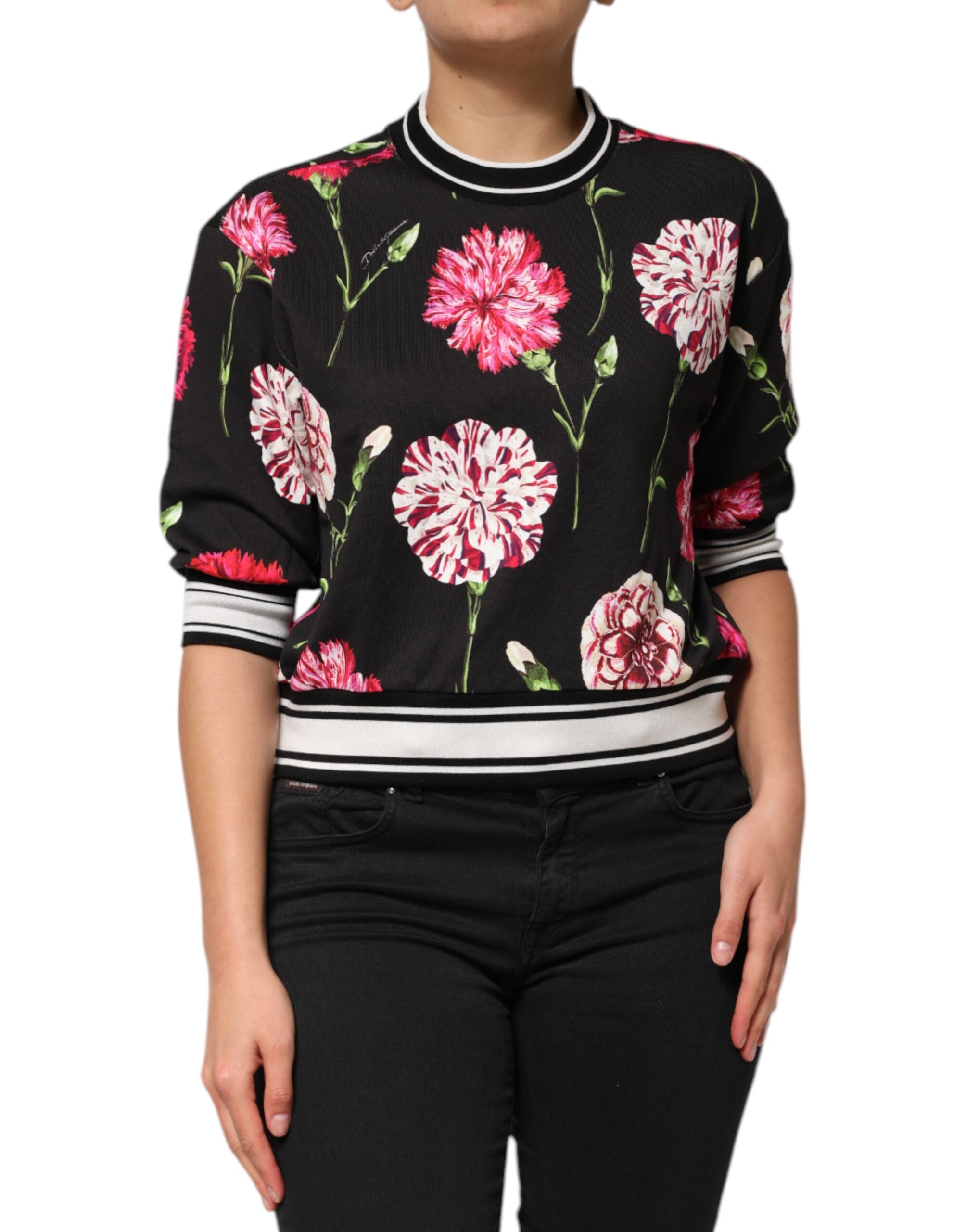 Dolce &amp; Gabbana Sort Blomsterprint Bomuldstop Kortærmet