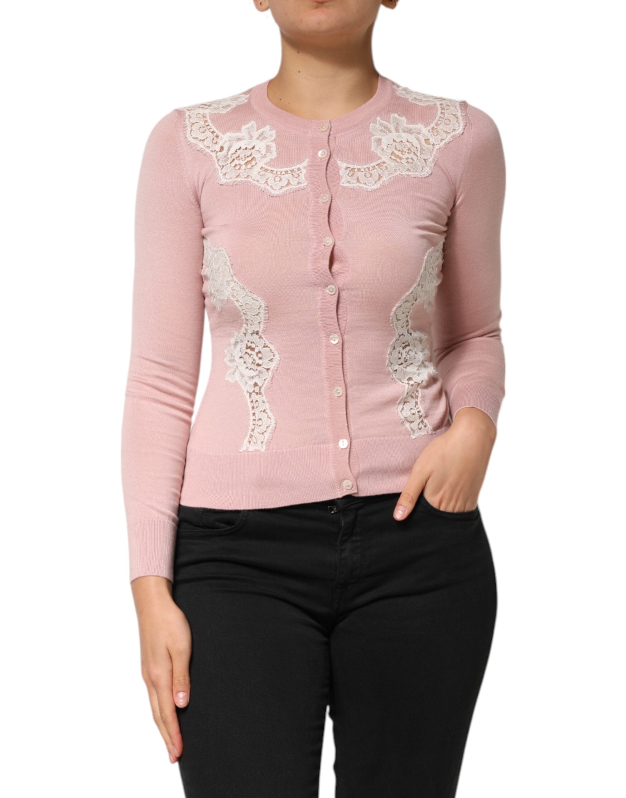 Dolce &amp; Gabbana Lyserød Cardigan med Blomsterdetalje og Blondedetaljer