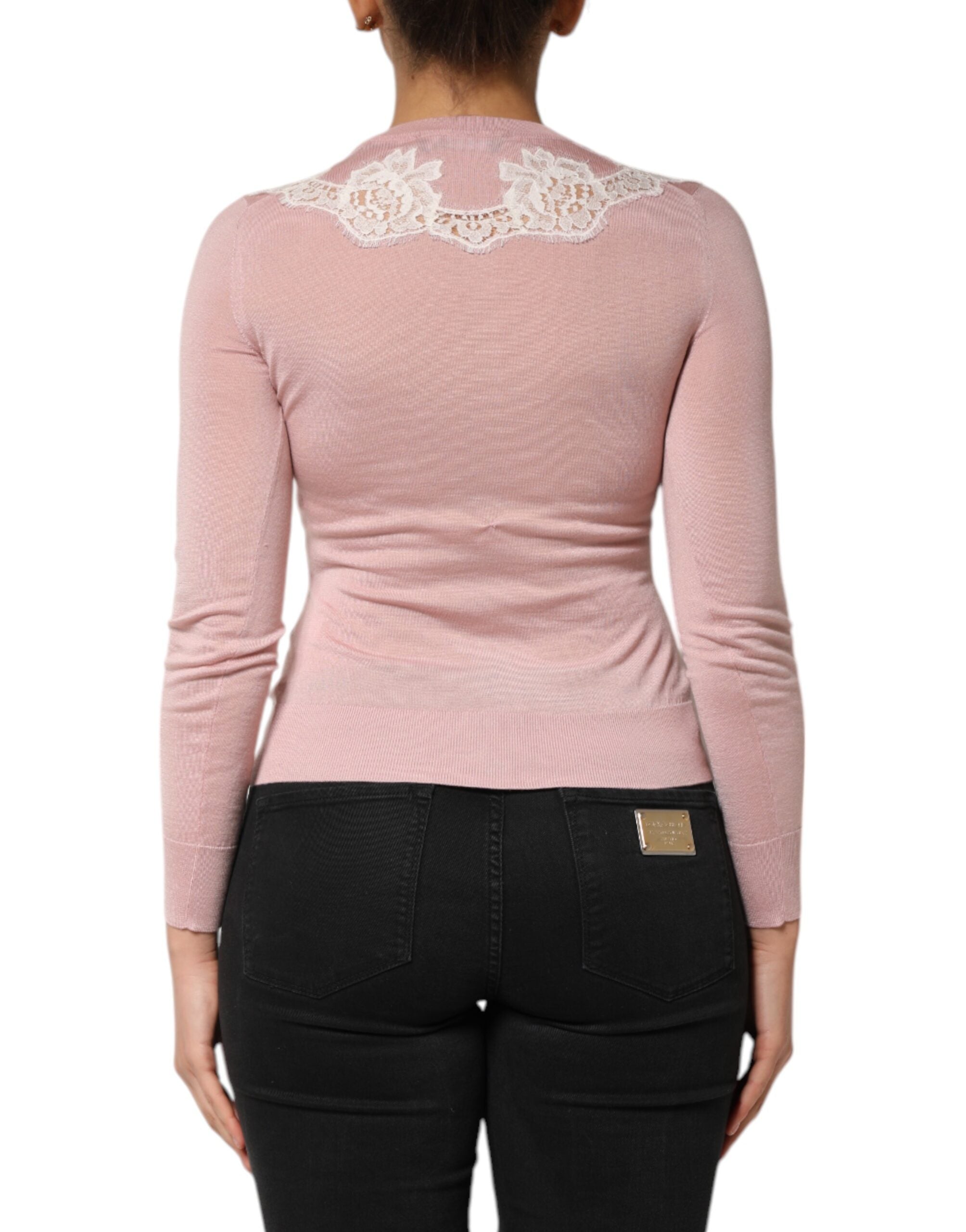 Dolce &amp; Gabbana Lyserød Cardigan med Blomsterdetalje og Blondedetaljer