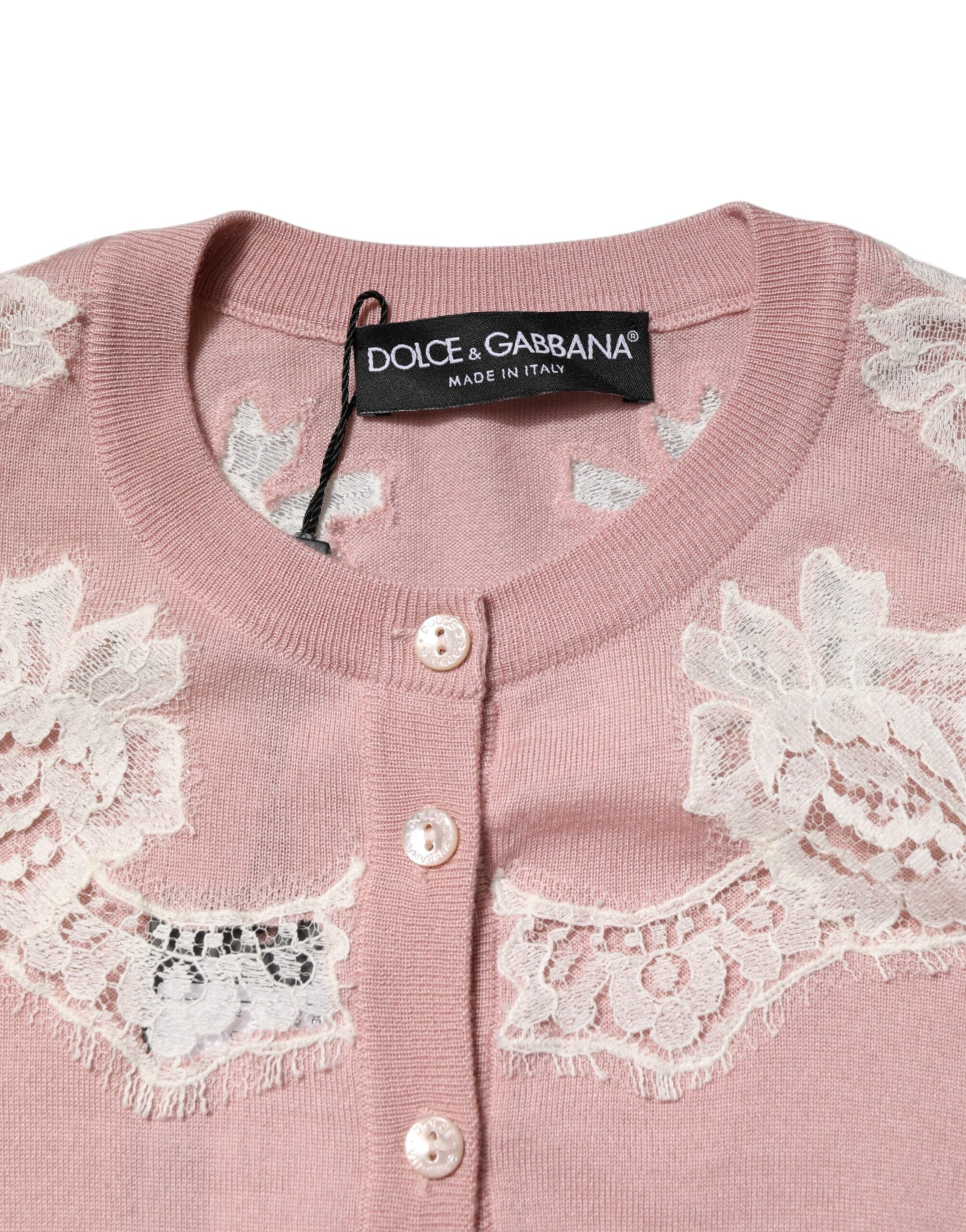 Dolce &amp; Gabbana Lyserød Cardigan med Blomsterdetalje og Blondedetaljer
