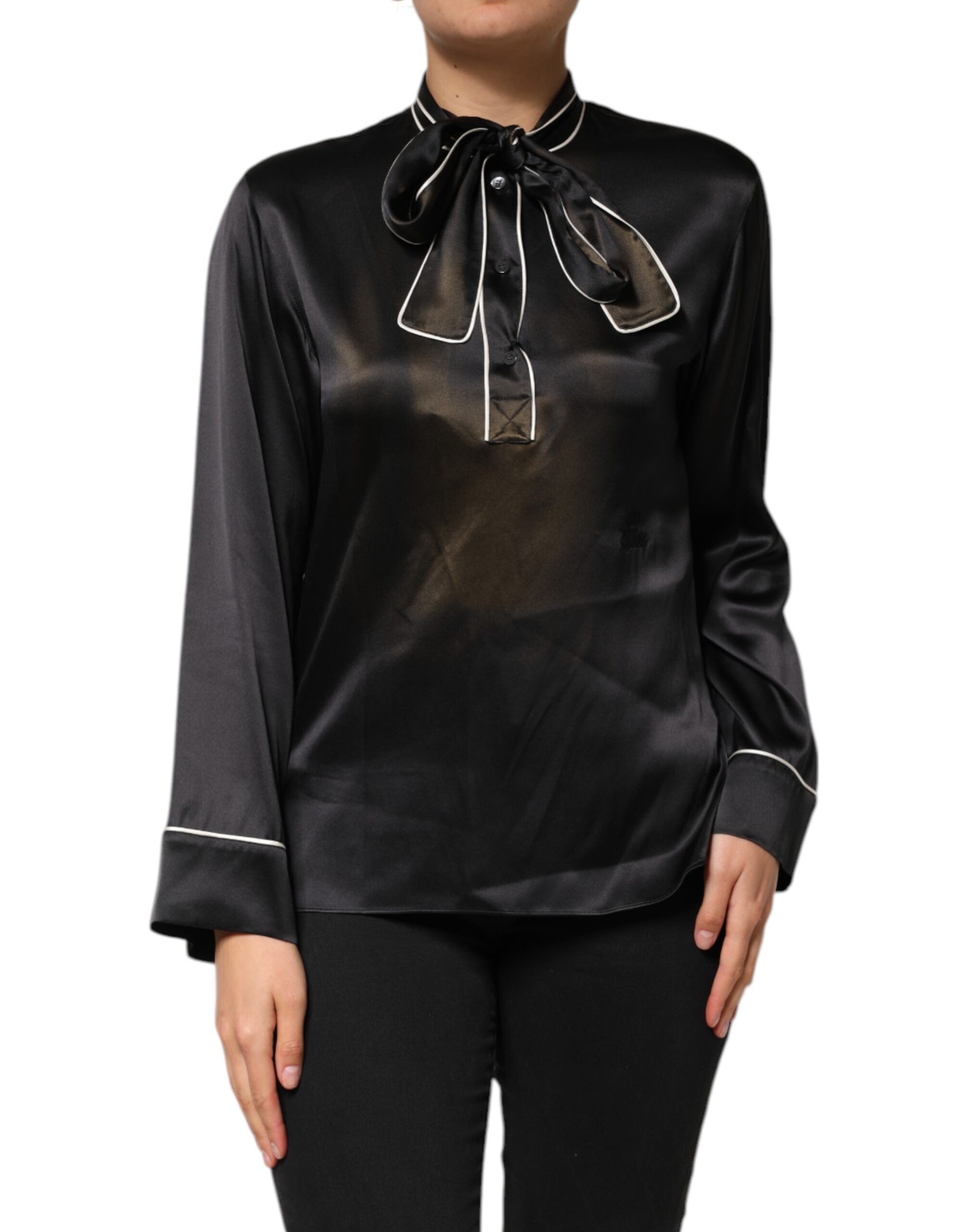 Dolce &amp; Gabbana Sort Silke Ascot Kraveknapbluse Top