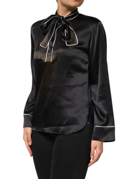 Dolce &amp; Gabbana Sort Silke Ascot Kraveknapbluse Top
